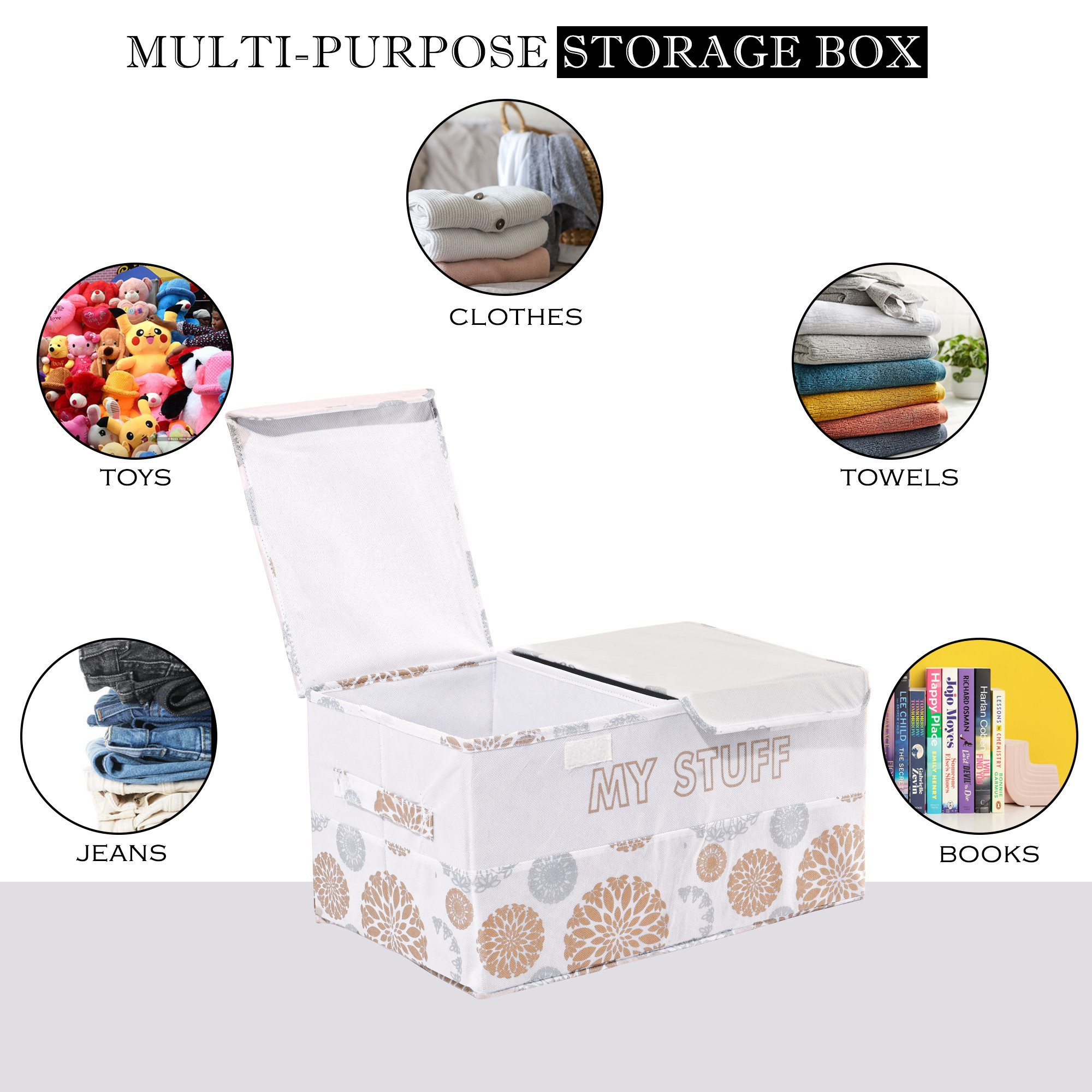 Kuber Industries Clothes Wardrobe Organizer  Large  Foldable Double Lid Drawer Organiser  Flower  2 Compartments  Cupboard Organiser  Non-Woven  Clothes Organizer  White