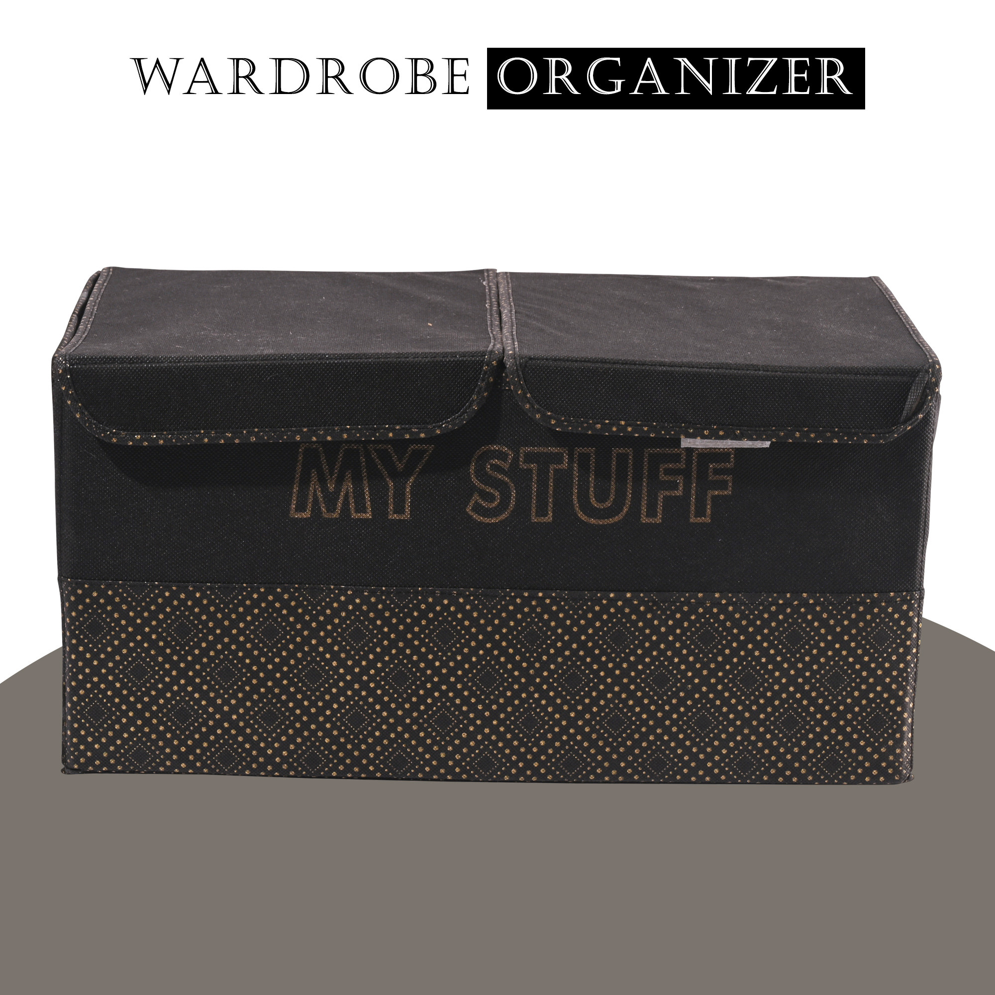 Kuber Industries Clothes Wardrobe Organizer  Large  Foldable Double Lid Drawer Organiser  Golden Dot  2 Compartments  Cupboard Organiser  Non-Woven  Clothes Organizer  Black