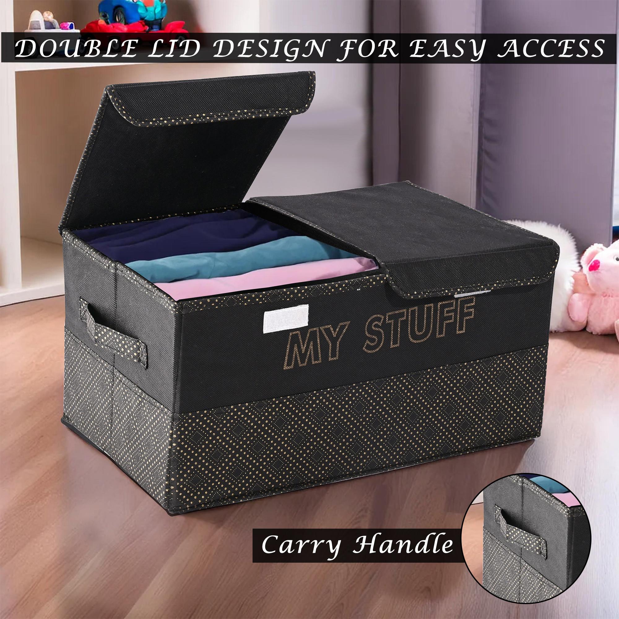 Kuber Industries Clothes Wardrobe Organizer  Large  Foldable Double Lid Drawer Organiser  Golden Dot  2 Compartments  Cupboard Organiser  Non-Woven  Clothes Organizer  Black