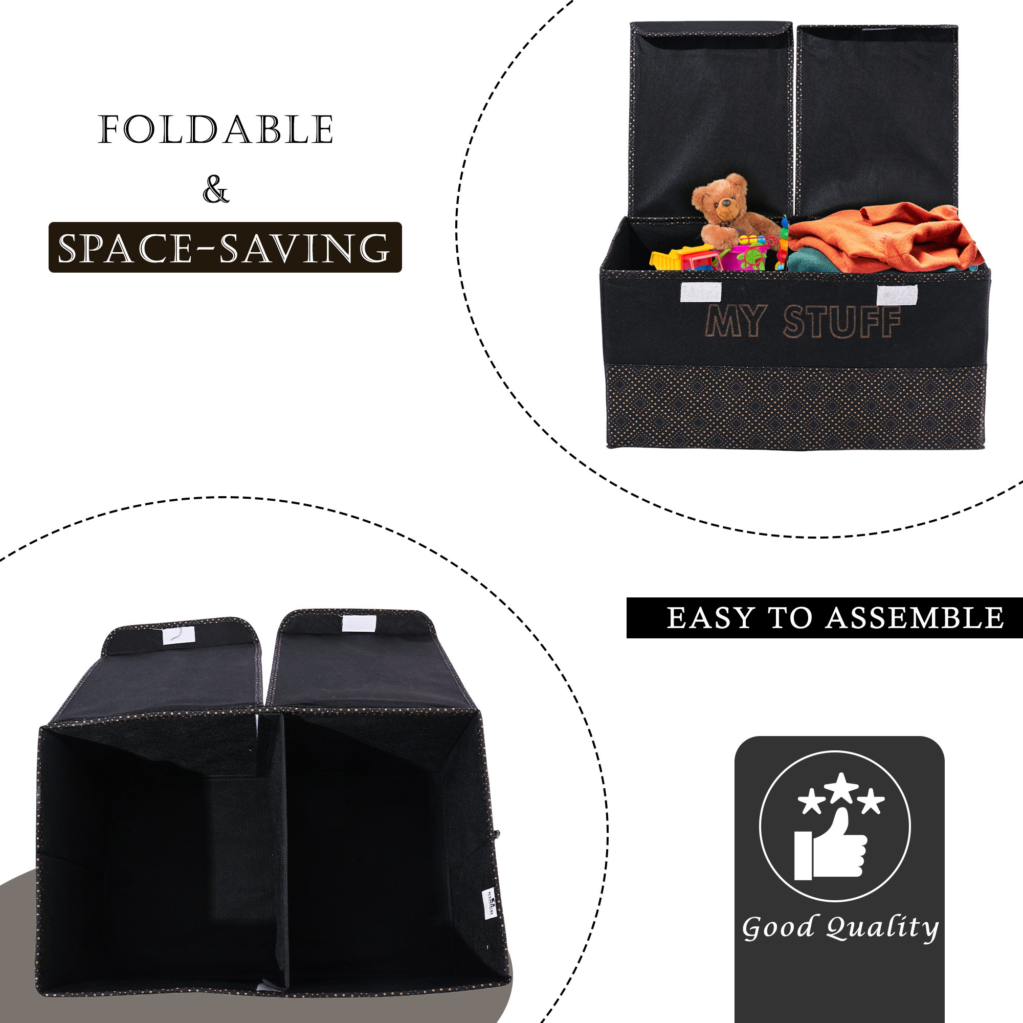 Kuber Industries Clothes Wardrobe Organizer  Large  Foldable Double Lid Drawer Organiser  Golden Dot  2 Compartments  Cupboard Organiser  Non-Woven  Clothes Organizer  Black