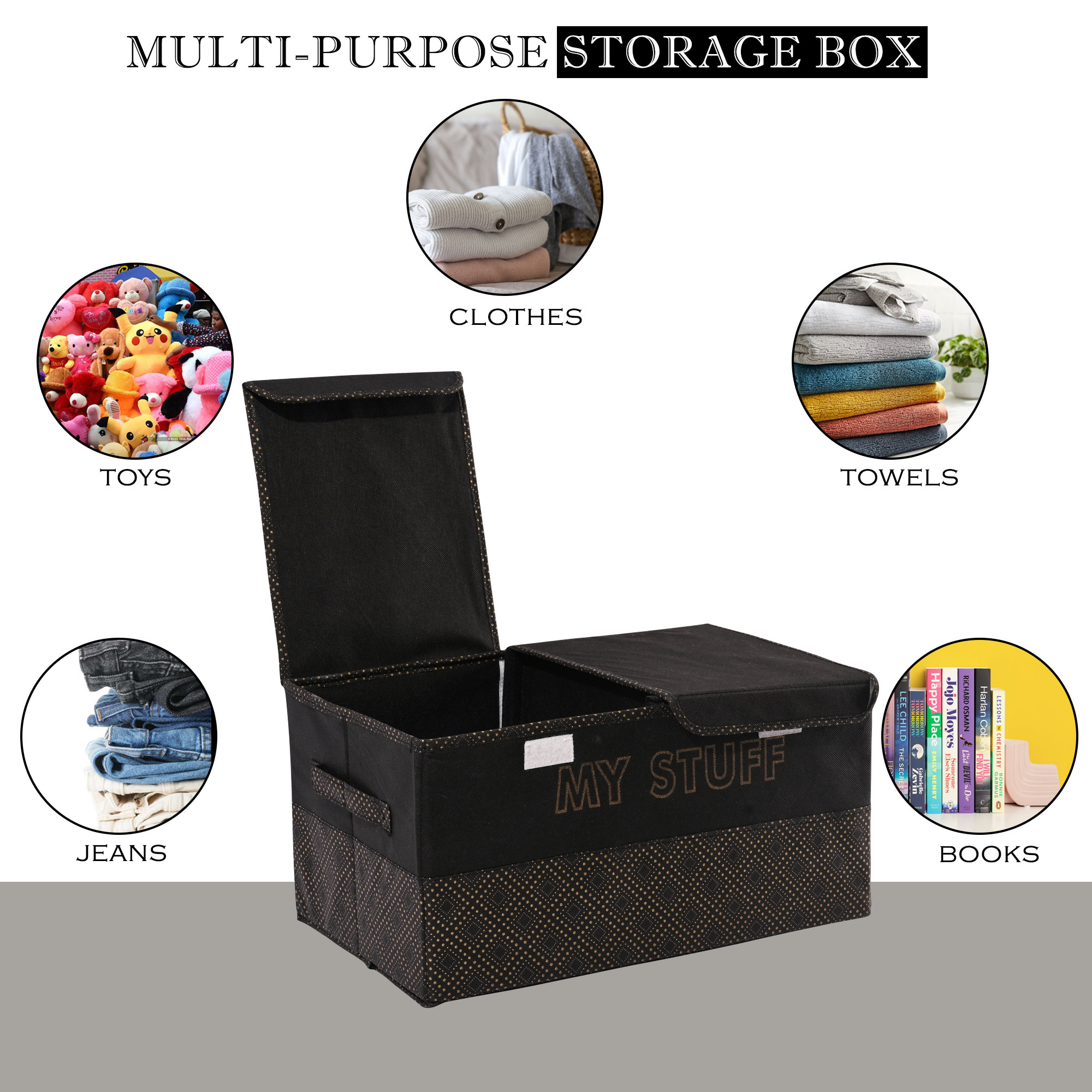 Kuber Industries Clothes Wardrobe Organizer  Large  Foldable Double Lid Drawer Organiser  Golden Dot  2 Compartments  Cupboard Organiser  Non-Woven  Clothes Organizer  Black