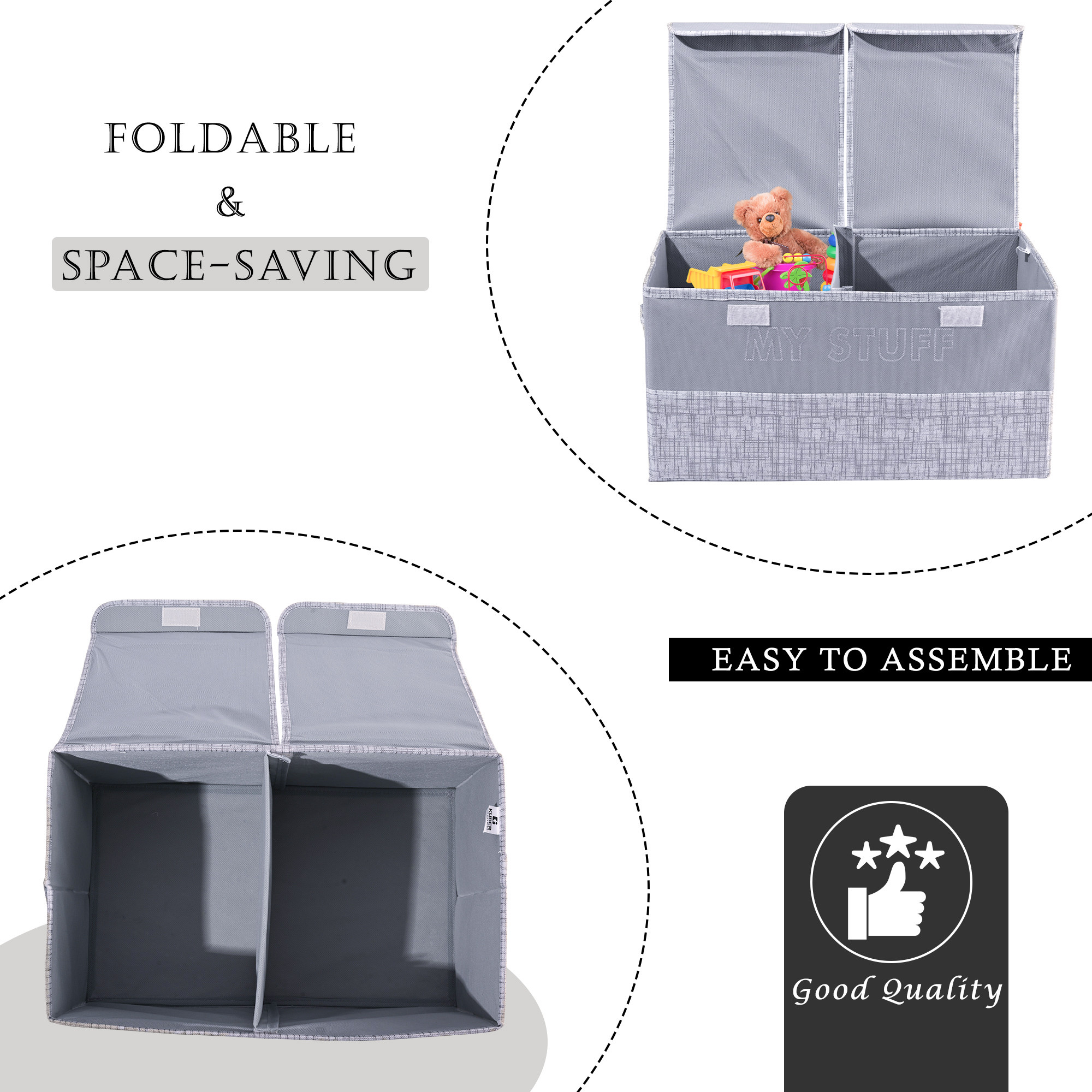 Kuber Industries Clothes Wardrobe Organizer  Large  Foldable Double Lid Drawer Organiser  Jute Print  2 Compartments  Cupboard Organiser  Non-Woven  Clothes Organizer  Grey