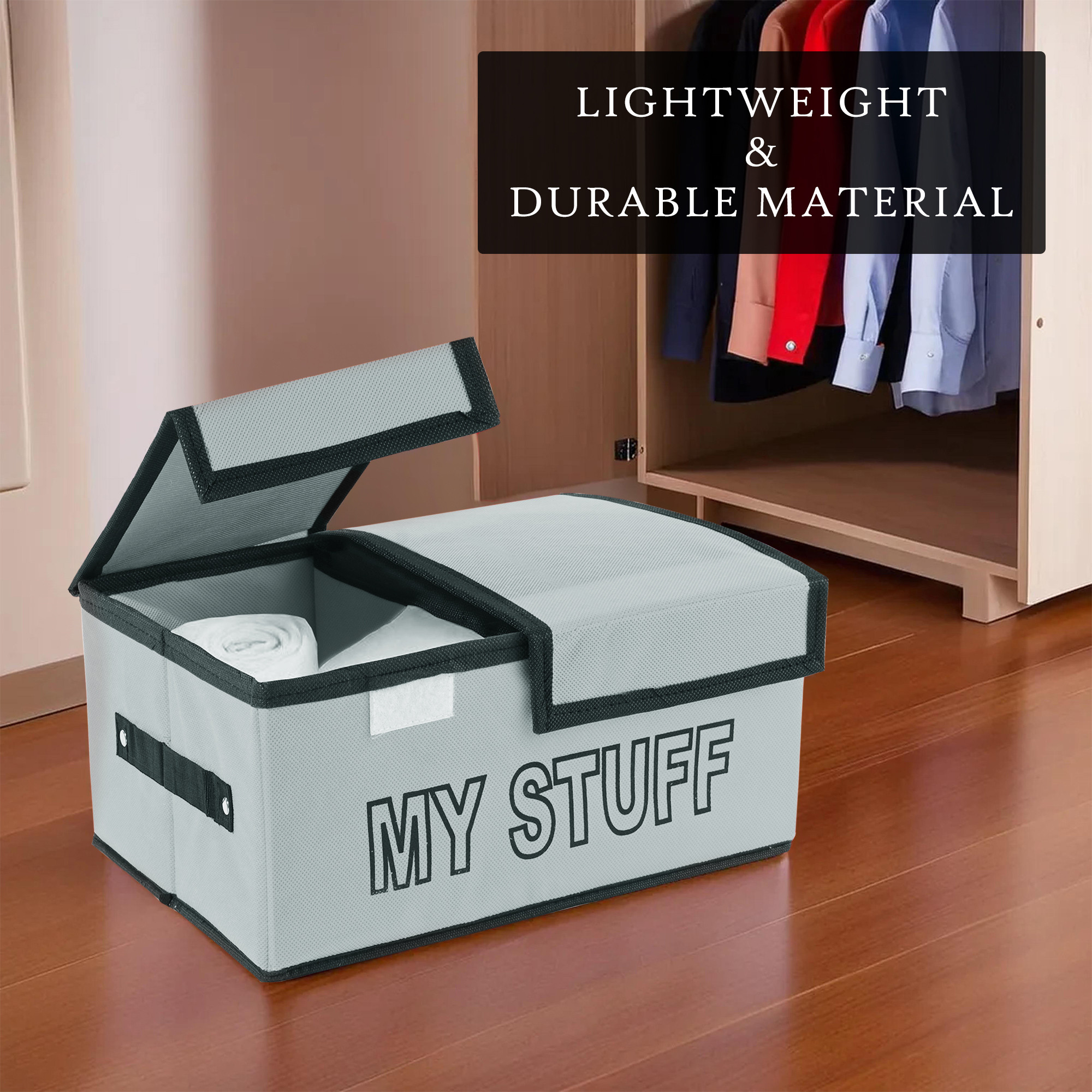 Kuber Industries Clothes Wardrobe Organizer Large Foldable Double Lid Drawer Organiser  2-Compartments  Non-Woven Cupboard Organiser  Clothes Organizer  My Stuff  Grey