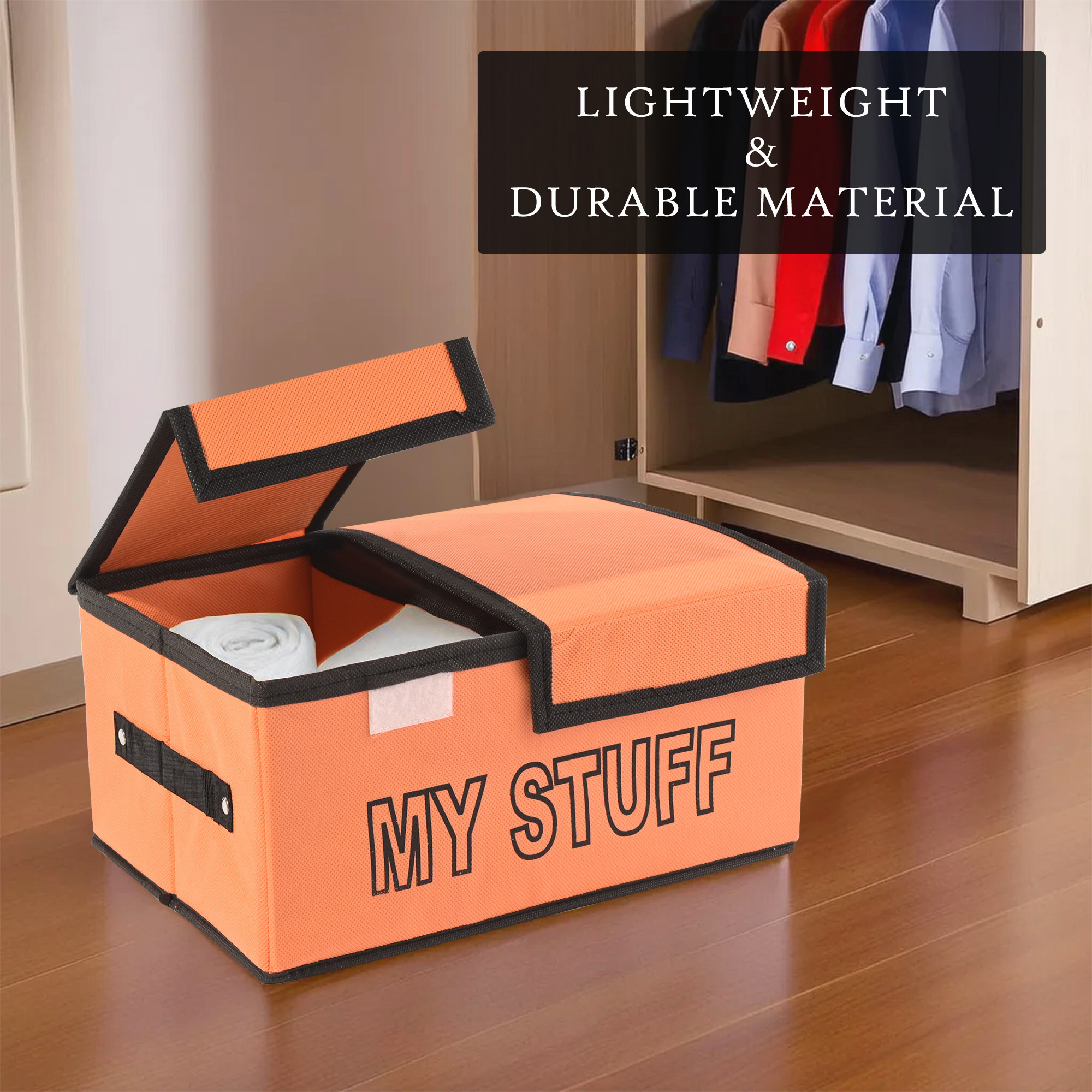 Kuber Industries Clothes Wardrobe Organizer Large Foldable Double Lid Drawer Organiser  2-Compartments  Non-Woven Cupboard Organiser  Clothes Organizer  My Stuff  Orange