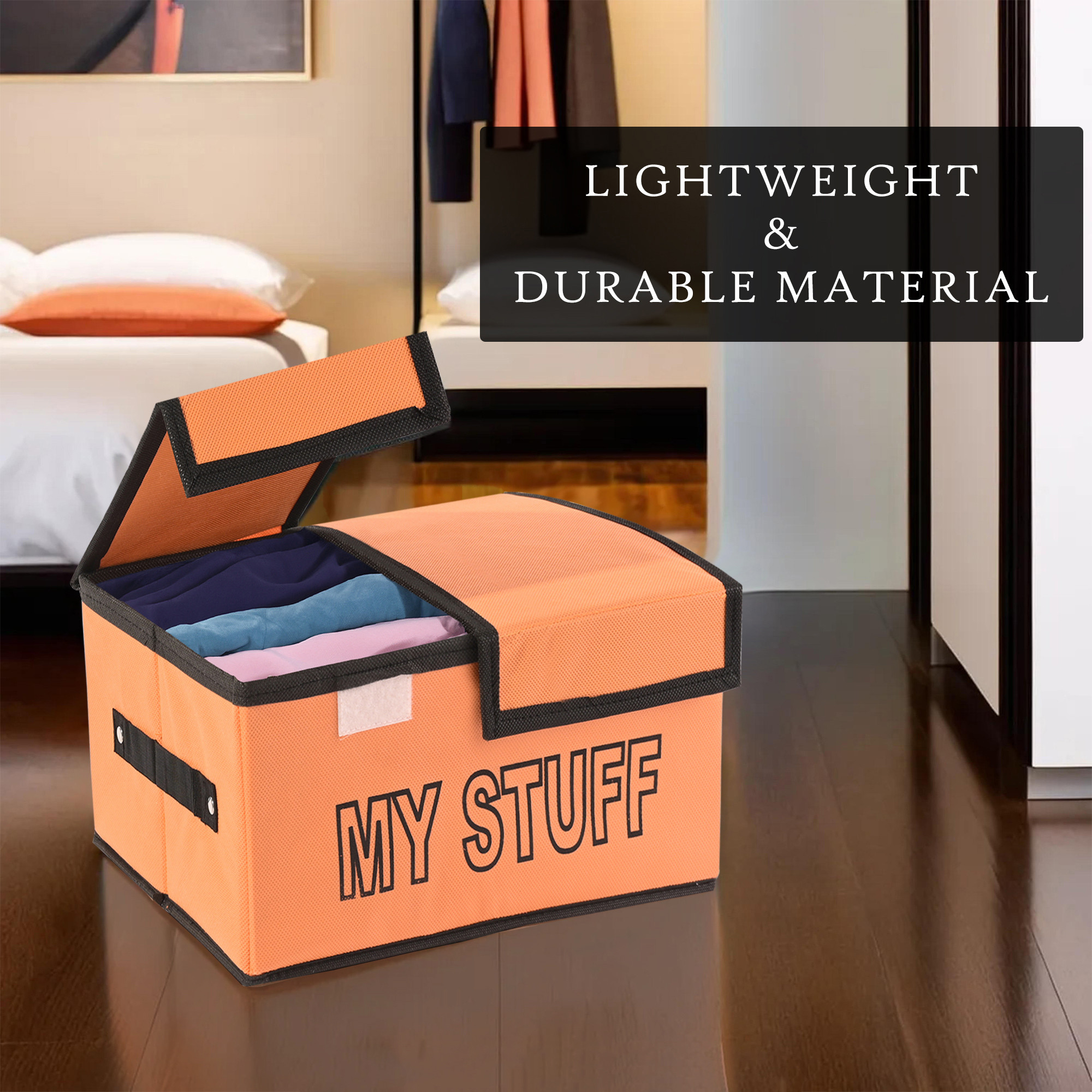 Kuber Industries Clothes Wardrobe Organizer Small Foldable Double Lid Drawer Organiser  2-Compartments  Non-Woven Cupboard Organiser  Clothes Organizer  My Stuff  Orange