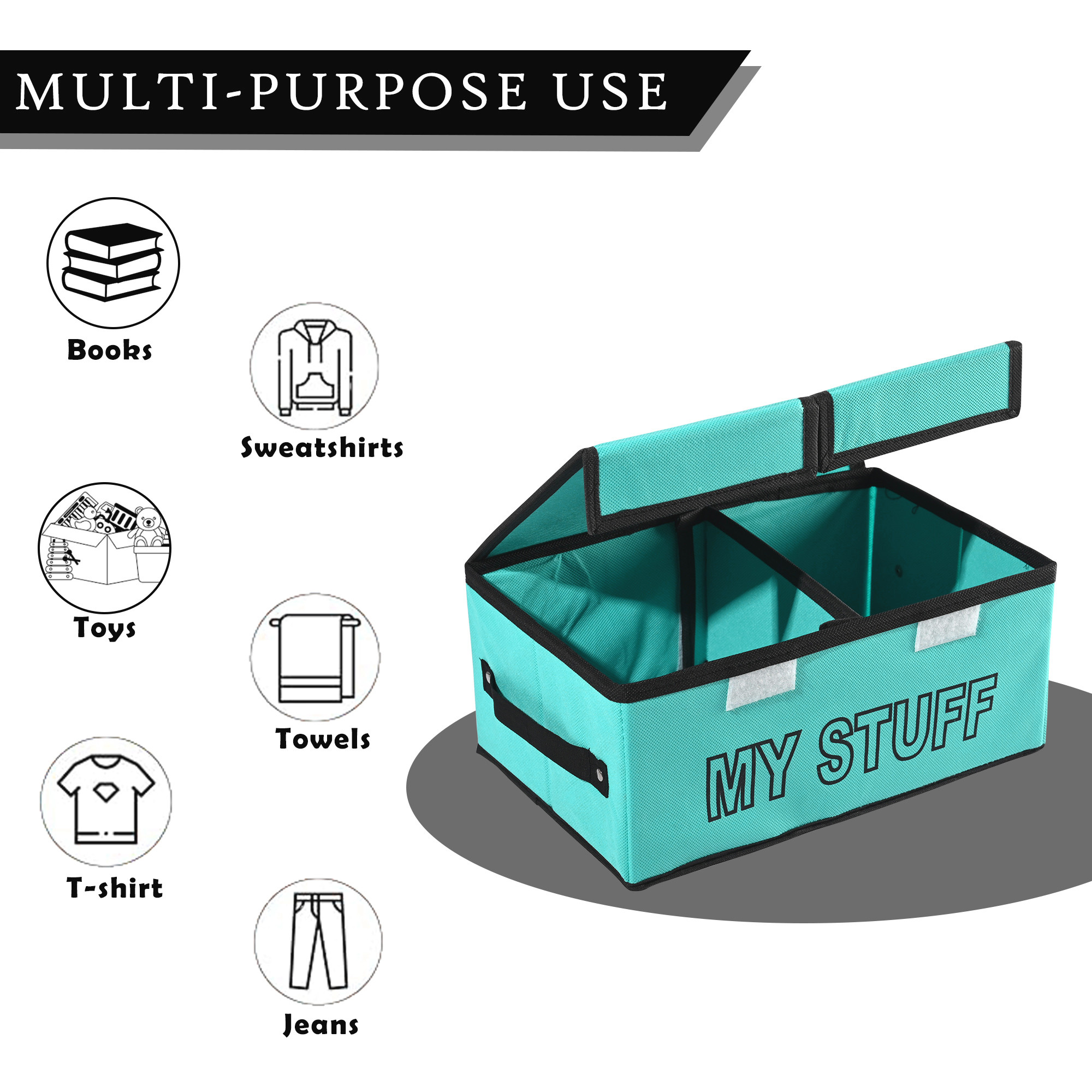 Kuber Industries Clothes Wardrobe Organizer Small Foldable Double Lid Drawer Organiser  Non-Woven Cupboard Organiser  2-Compartments Clothes Organizer  My Stuff  Reliance Green