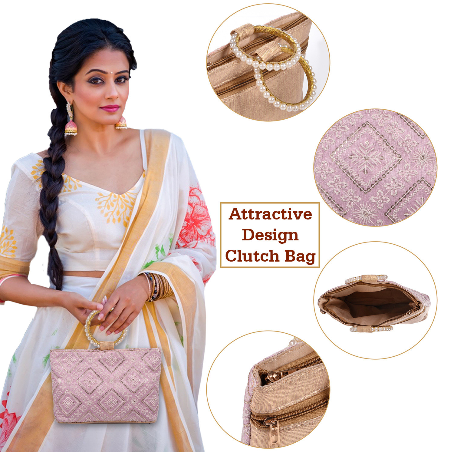Kuber Industries Clutch Bag|Zig Zag Chicken Silk Embroidery Hand Purse|Wedding Clutch Purse With Moti Churi Handle (Purple)