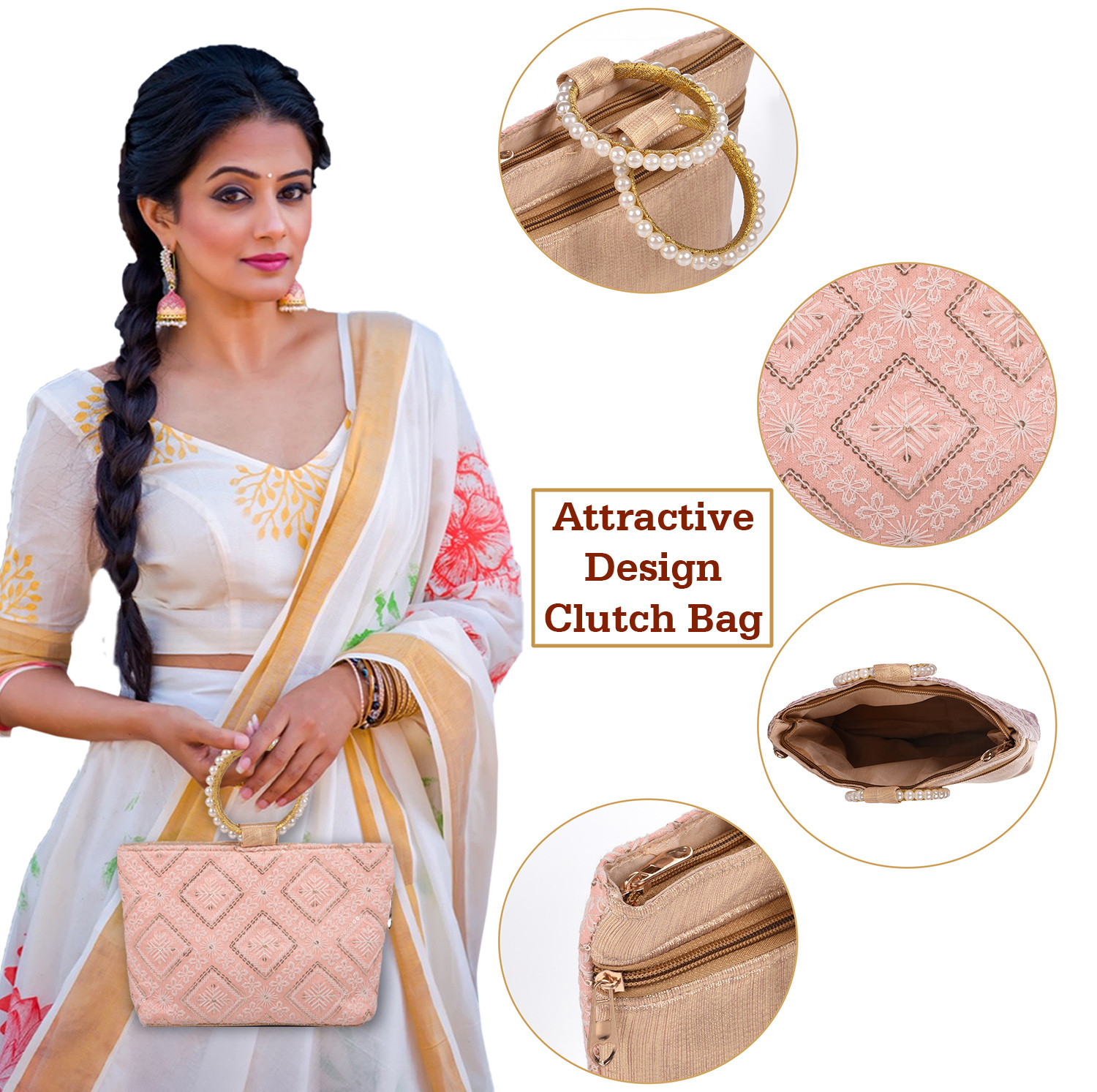Kuber Industries Clutch Bag|Zig Zag Chicken Silk Embroidery Hand Purse|Wedding Clutch Purse With Moti Churi Handle (Peach)