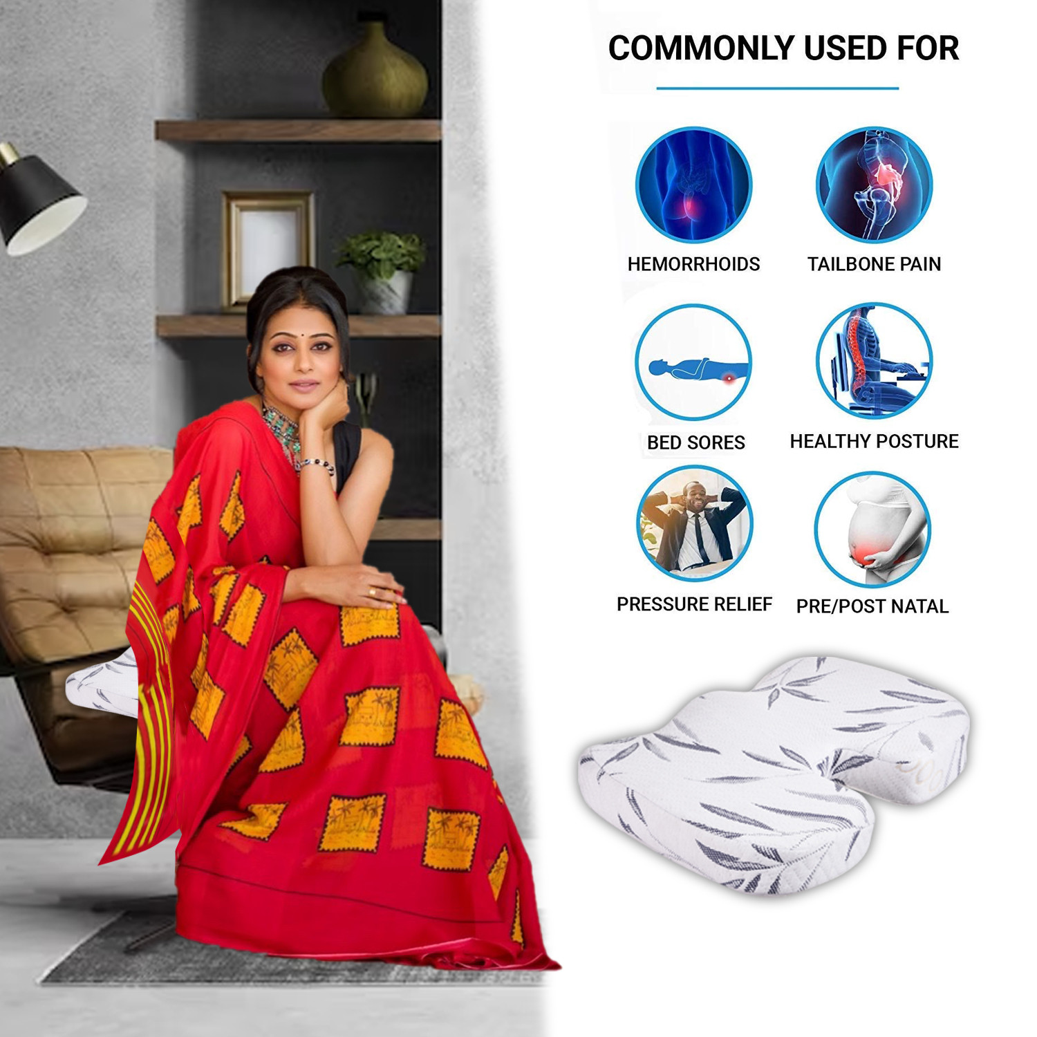 Kuber Industries Coccyx Cushion | Memory Foam Support Pillow | Seat Cushion for Tailbon| Pillow For Tailbon with Washable Cover | Coccyx Cushion With Logo | Seat For Relieve Pain|White