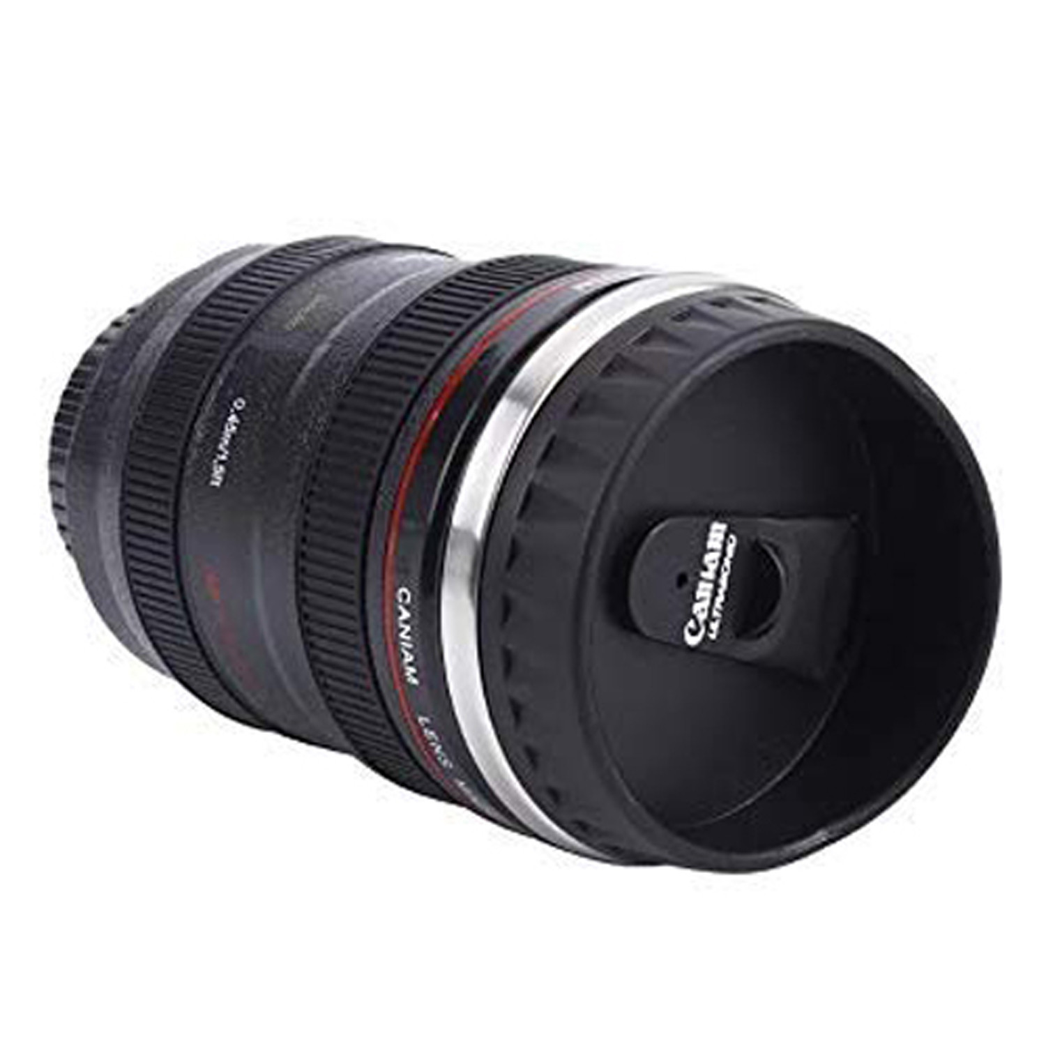 Kuber Industries Coffee Mug, Camera Lens Travel Thermos, Stainless Steel Insulated Cup with Easy Clean Lid (Black)