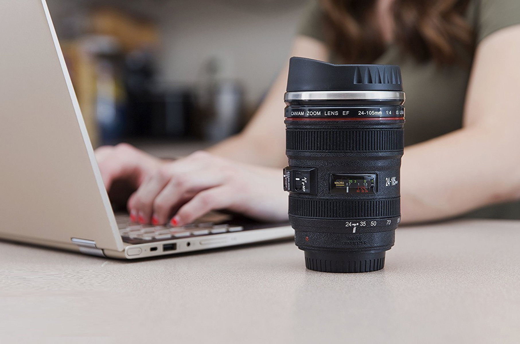 Kuber Industries Coffee Mug, Camera Lens Travel Thermos, Stainless Steel Insulated Cup with Easy Clean Lid (Black)