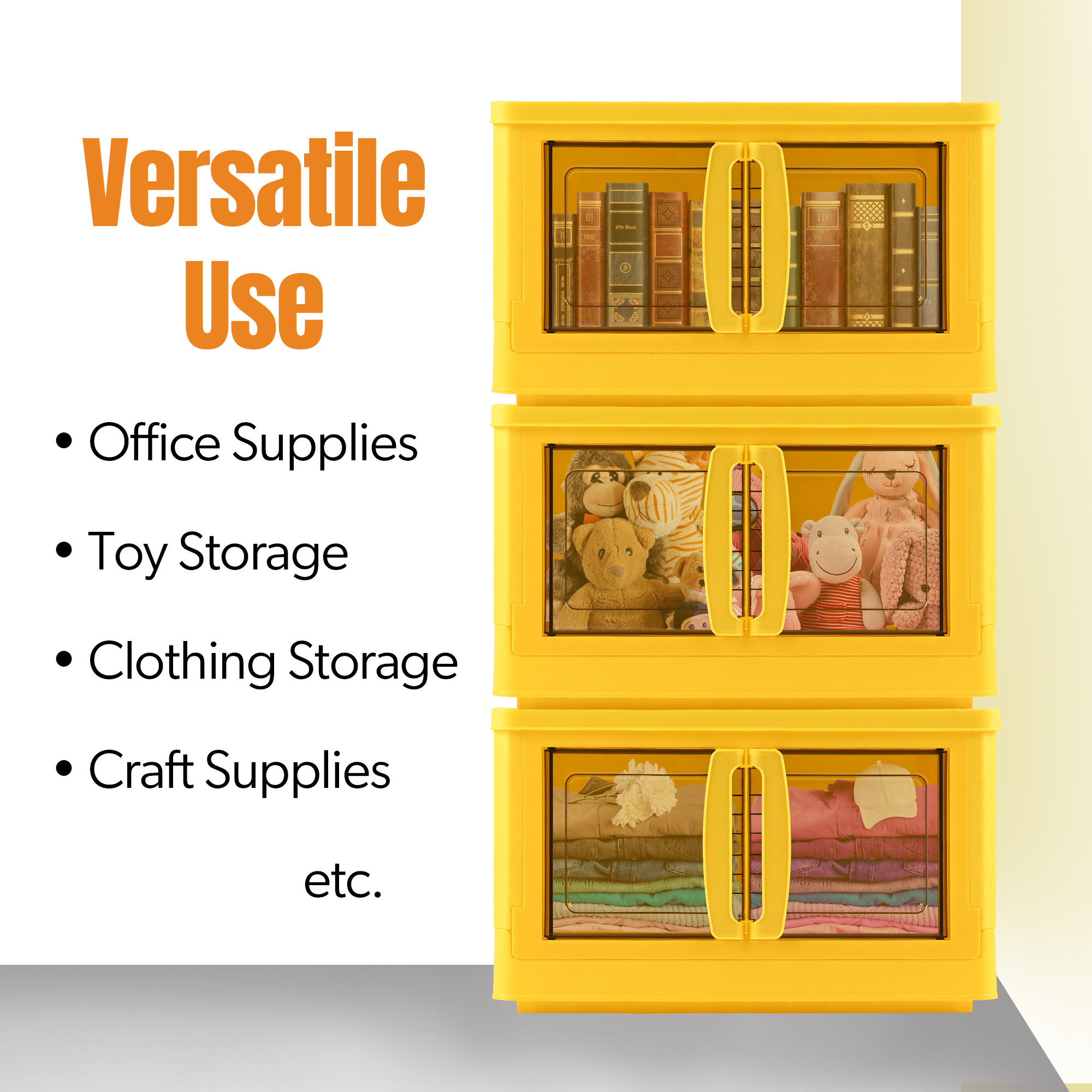 Kuber Industries Collapsible  Stackable Plastic Storage Box with Lid Wheels  Transparent Doors  Multipurpose Home  Office Storage Box for Clothes Toys  Books  Black  Yellow