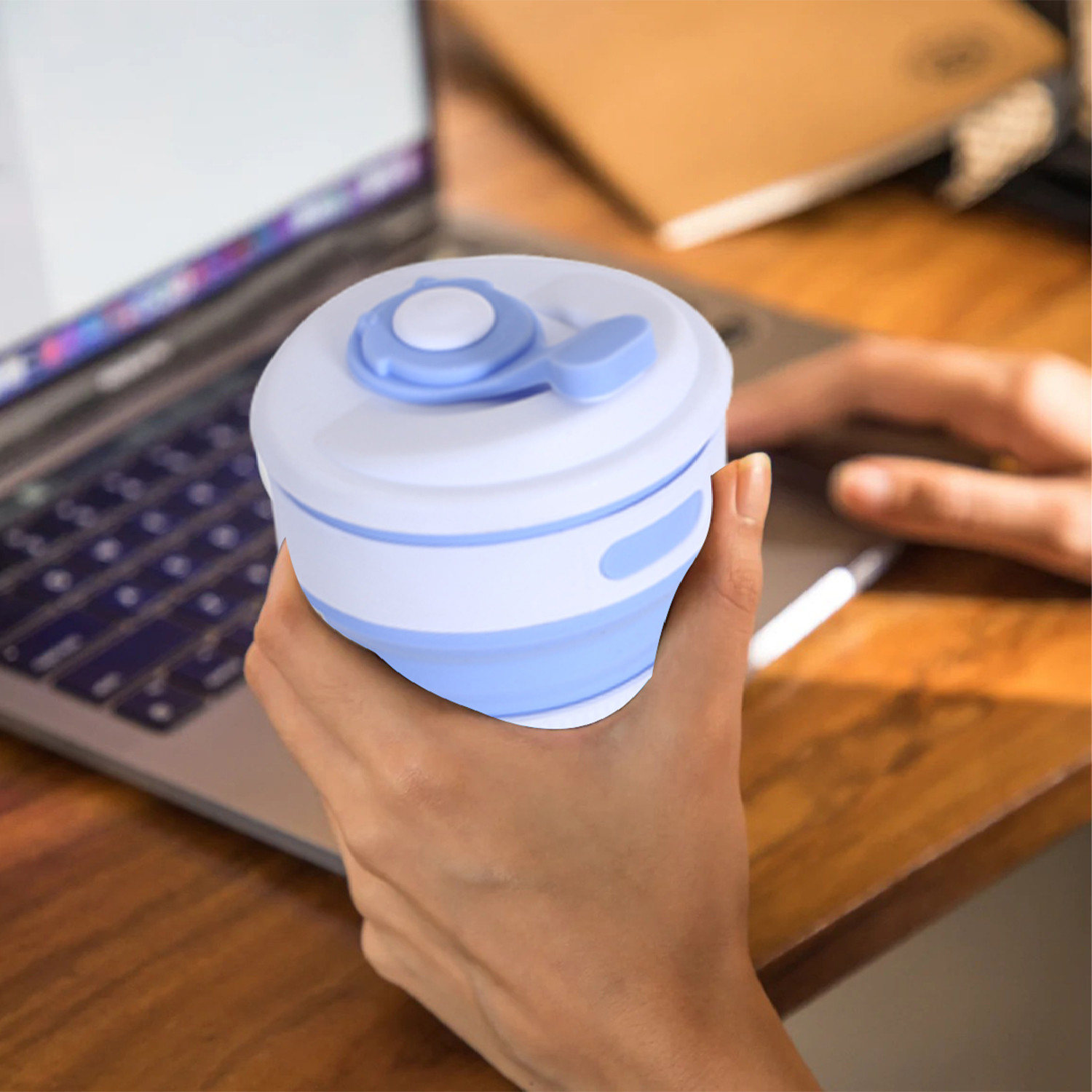 Kuber Industries Collapsible Coffee Cup|Silicone Portable Travel Coffee Mug|Camping Cup with Lid for Travel,Hiking Outdoors,350 ML,(Sky Blue)