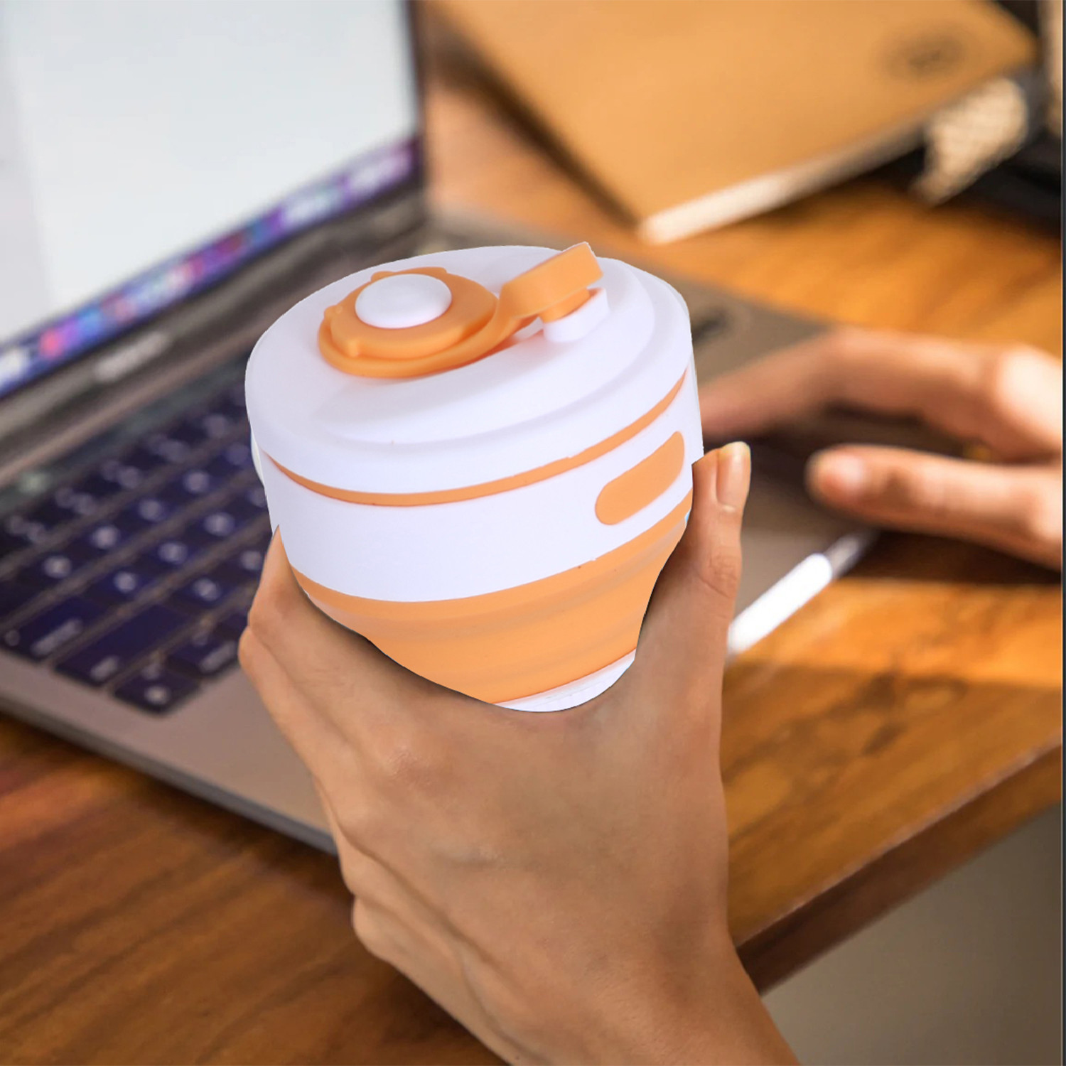 Kuber Industries Collapsible Coffee Cup|Silicone Portable Travel Coffee Mug|Camping Cup with Lid for Travel,Hiking Outdoors,350 ML,(Orange)