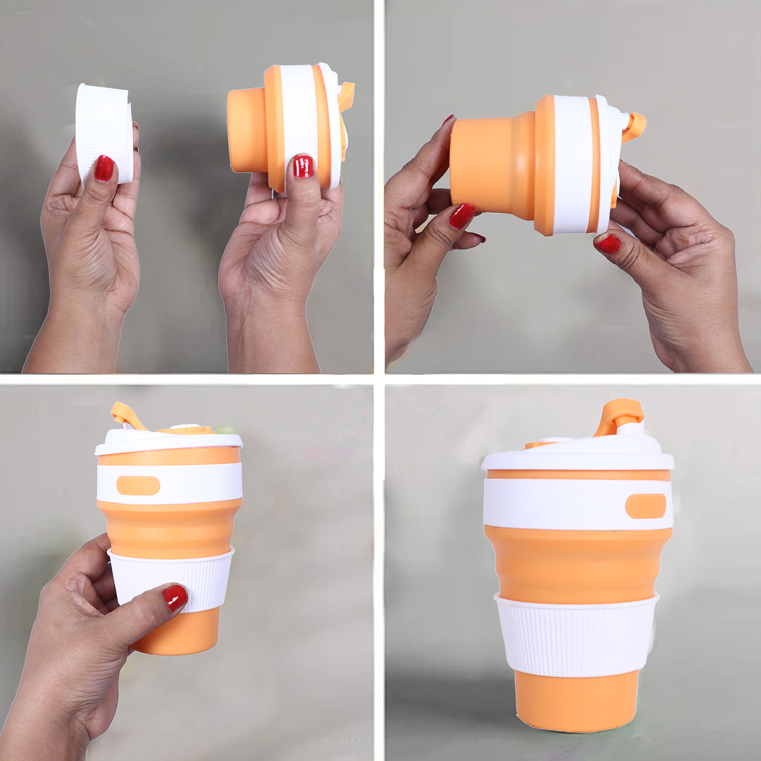 Kuber Industries Collapsible Coffee Cup|Silicone Portable Travel Coffee Mug|Camping Cup with Lid for Travel,Hiking Outdoors,350 ML,(Orange)