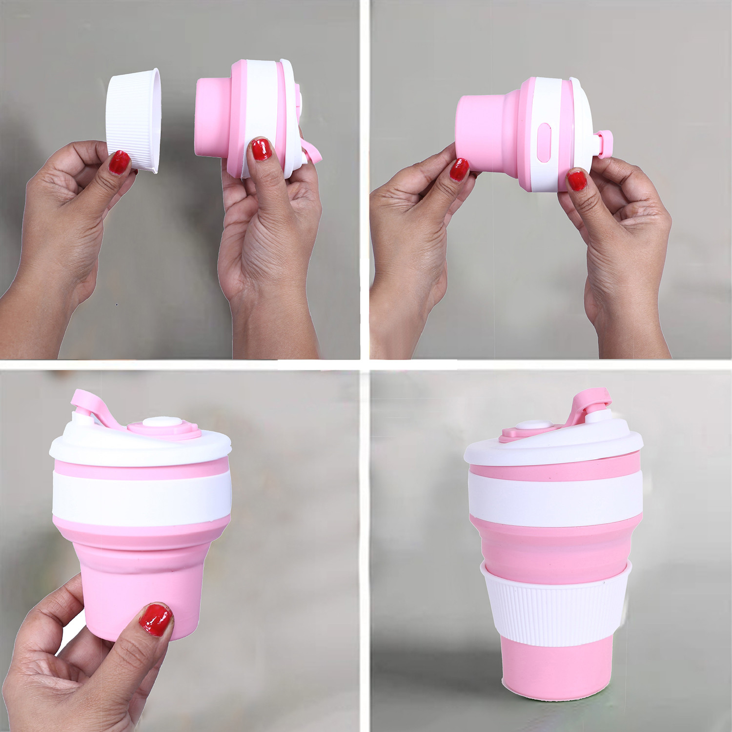 Kuber Industries Collapsible Coffee Cup|Silicone Portable Travel Coffee Mug|Camping Cup with Lid for Travel,Hiking Outdoors,350 ML,(Pink)