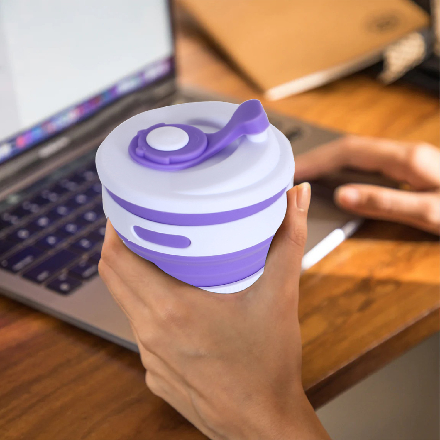 Kuber Industries Collapsible Coffee Cup|Silicone Portable Travel Coffee Mug|Camping Cup with Lid for Travel,Hiking Outdoors,350 ML,(Purple)