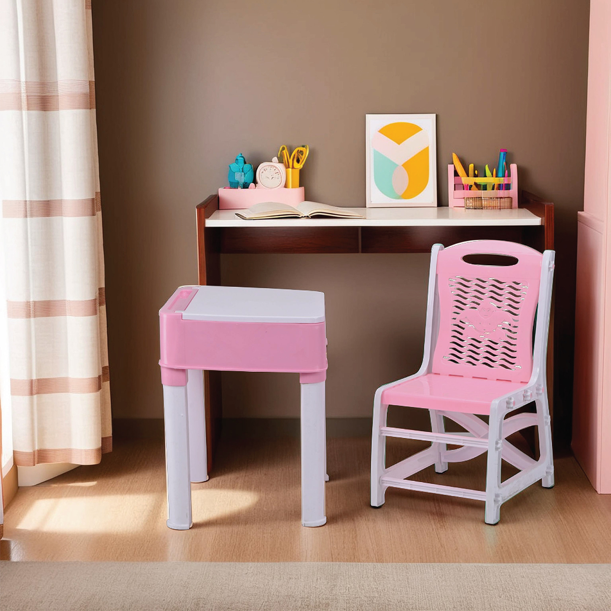 Kuber Industries Collapsible Junior Study Table  Chair Set With Storage For Stationary  Multipurpose Dining Table For Eating  Homework  Reading Desk  Pink  White