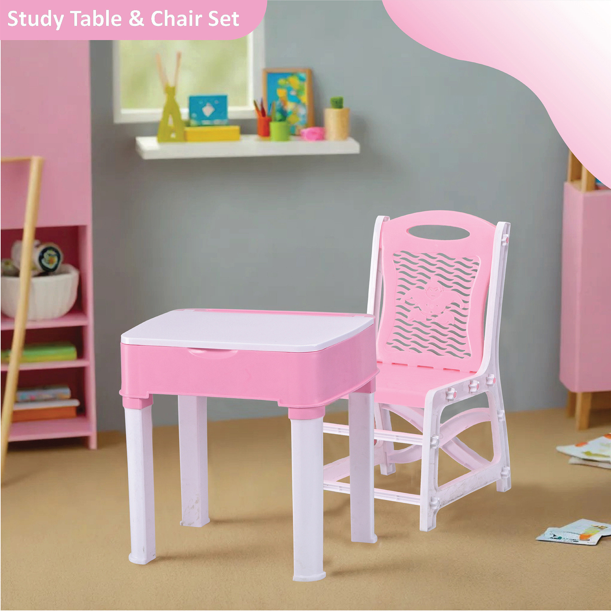 Kuber Industries Collapsible Junior Study Table  Chair Set With Storage For Stationary  Multipurpose Dining Table For Eating  Homework  Reading Desk  Pink  White