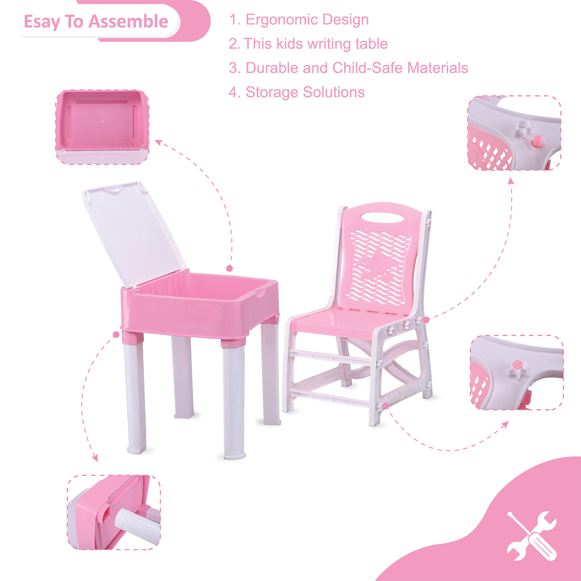 Kuber Industries Collapsible Junior Study Table  Chair Set With Storage For Stationary  Multipurpose Dining Table For Eating  Homework  Reading Desk  Pink  White