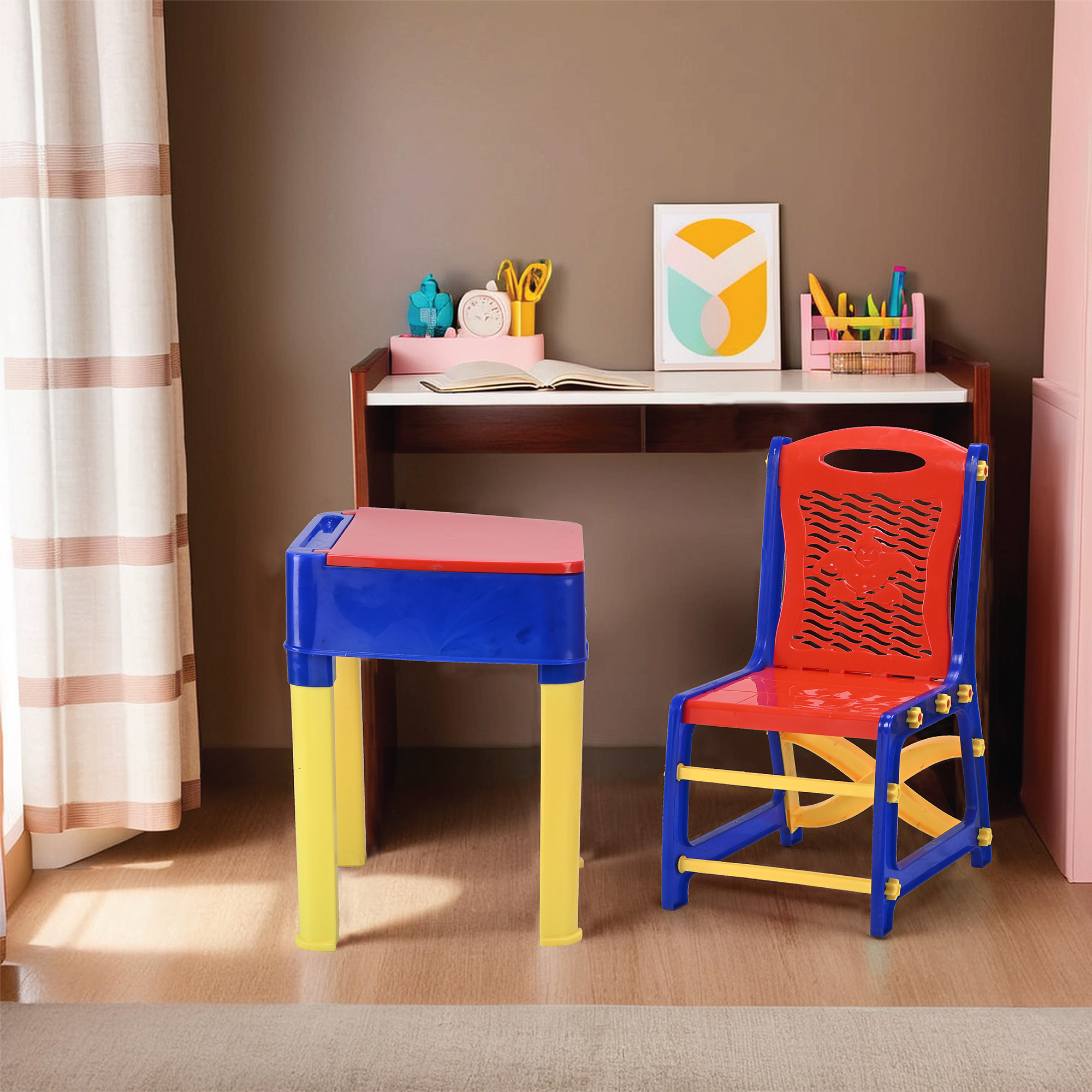 Kuber Industries Collapsible Junior Study Table  Chair Set With Storage For Stationary  Multipurpose Dining Table For Eating  Homework  Reading Desk  Red  Blue