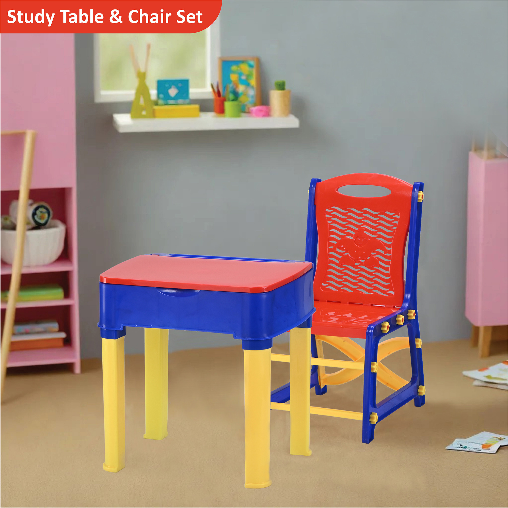 Kuber Industries Collapsible Junior Study Table  Chair Set With Storage For Stationary  Multipurpose Dining Table For Eating  Homework  Reading Desk  Red  Blue