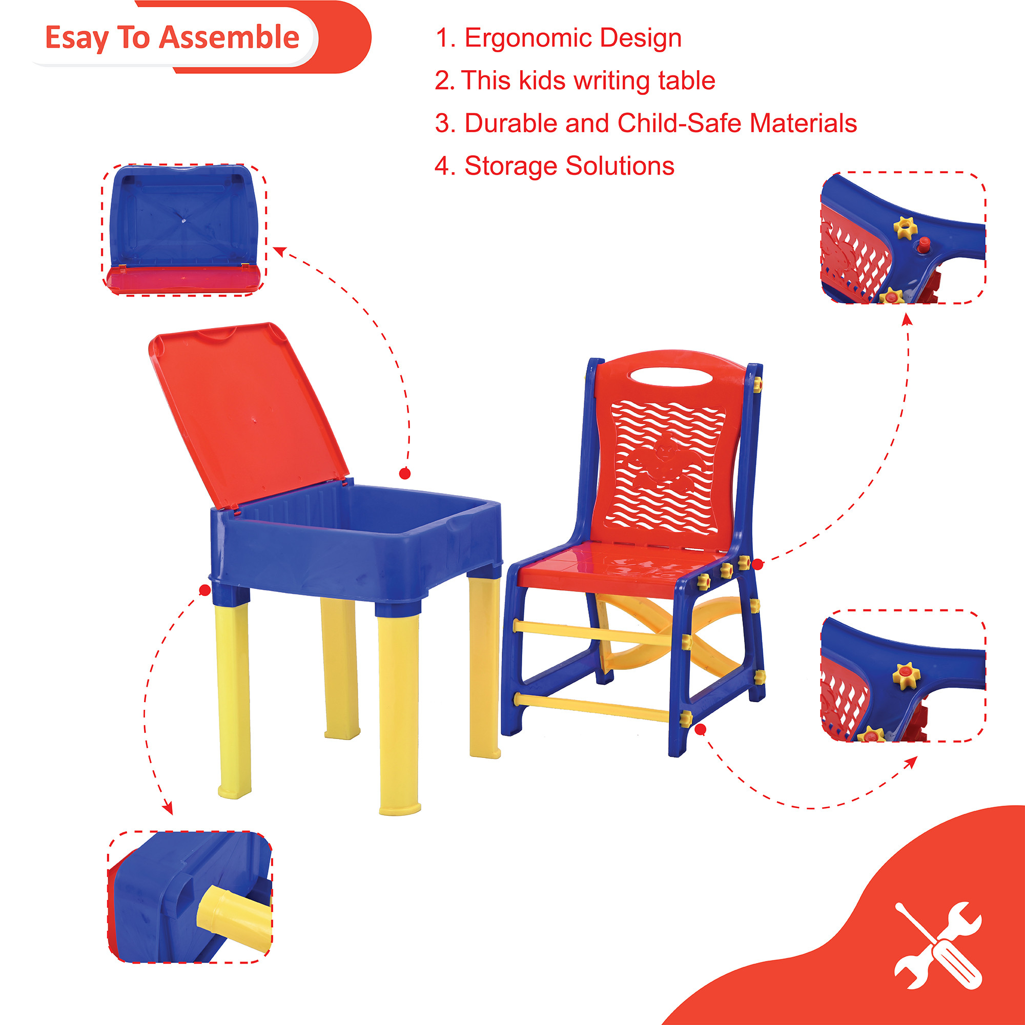 Kuber Industries Collapsible Junior Study Table  Chair Set With Storage For Stationary  Multipurpose Dining Table For Eating  Homework  Reading Desk  Red  Blue