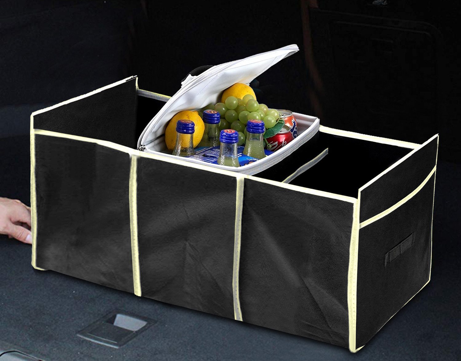 Kuber Industries Collapsible Portable Heavy Duty Cargo Trunk Organizer With 3 Compartments (Black)