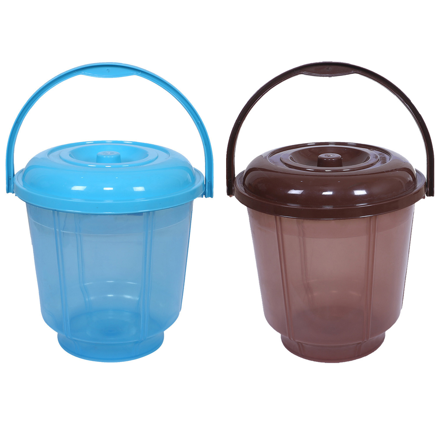 Kuber Industries Colorful Homeware Bucket|Unbreakable Plastic Bucket|Transparent Bucket with Lid & Handle for Bathroom,Home Use,13 Litre,Pack of 2 (Sky Blue & Brown)