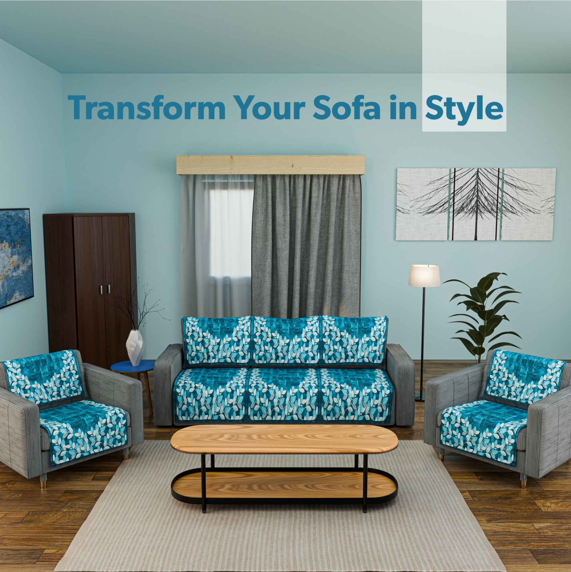 Kuber Industries Combo of Sofa Cover 5 Seater and Center Table Cover 4 Seater for Living Room and Home Decor  Anti-Slip Teapoy Table Top and Sofa Seat Protector  Leaf Border - Blue  White