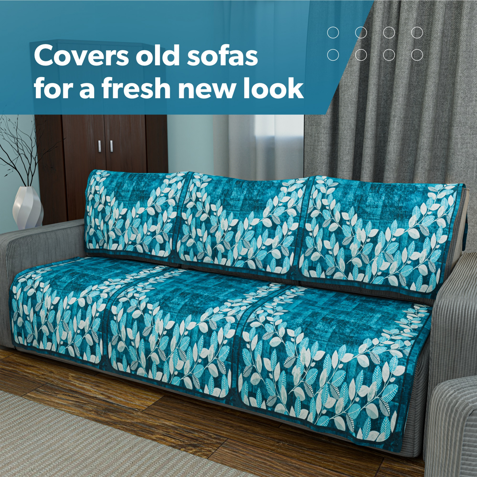 Kuber Industries Combo of Sofa Cover 5 Seater and Center Table Cover 4 Seater for Living Room and Home Decor  Anti-Slip Teapoy Table Top and Sofa Seat Protector  Leaf Border - Blue  White