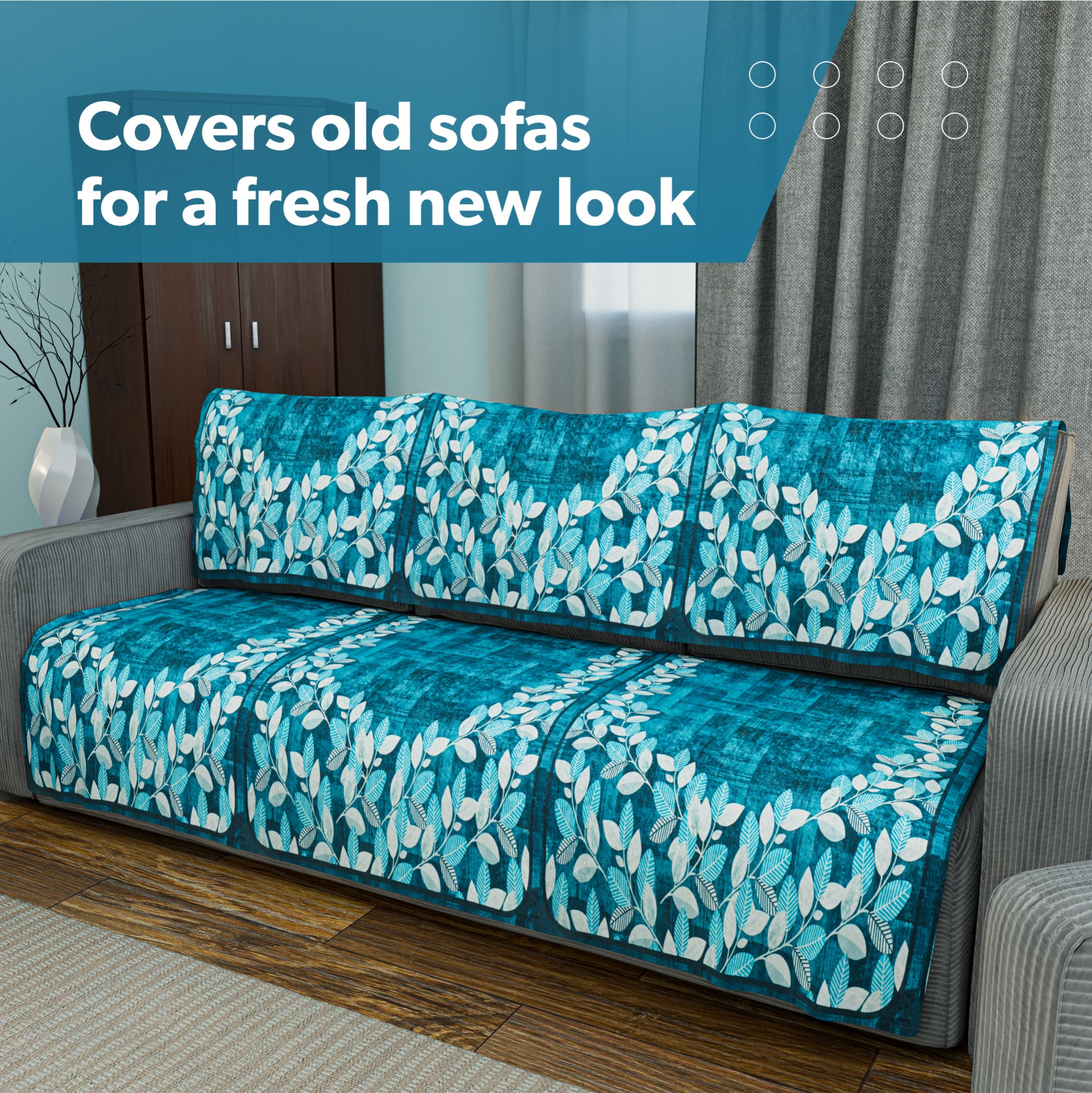 Kuber Industries Combo of Soft Velvet Sofa Center  Dining Table Cover for Living Room and Home Decor  Anti-Slip Teapoy Table Top and Sofa Seat Protector  Leaf Border - Blue  White