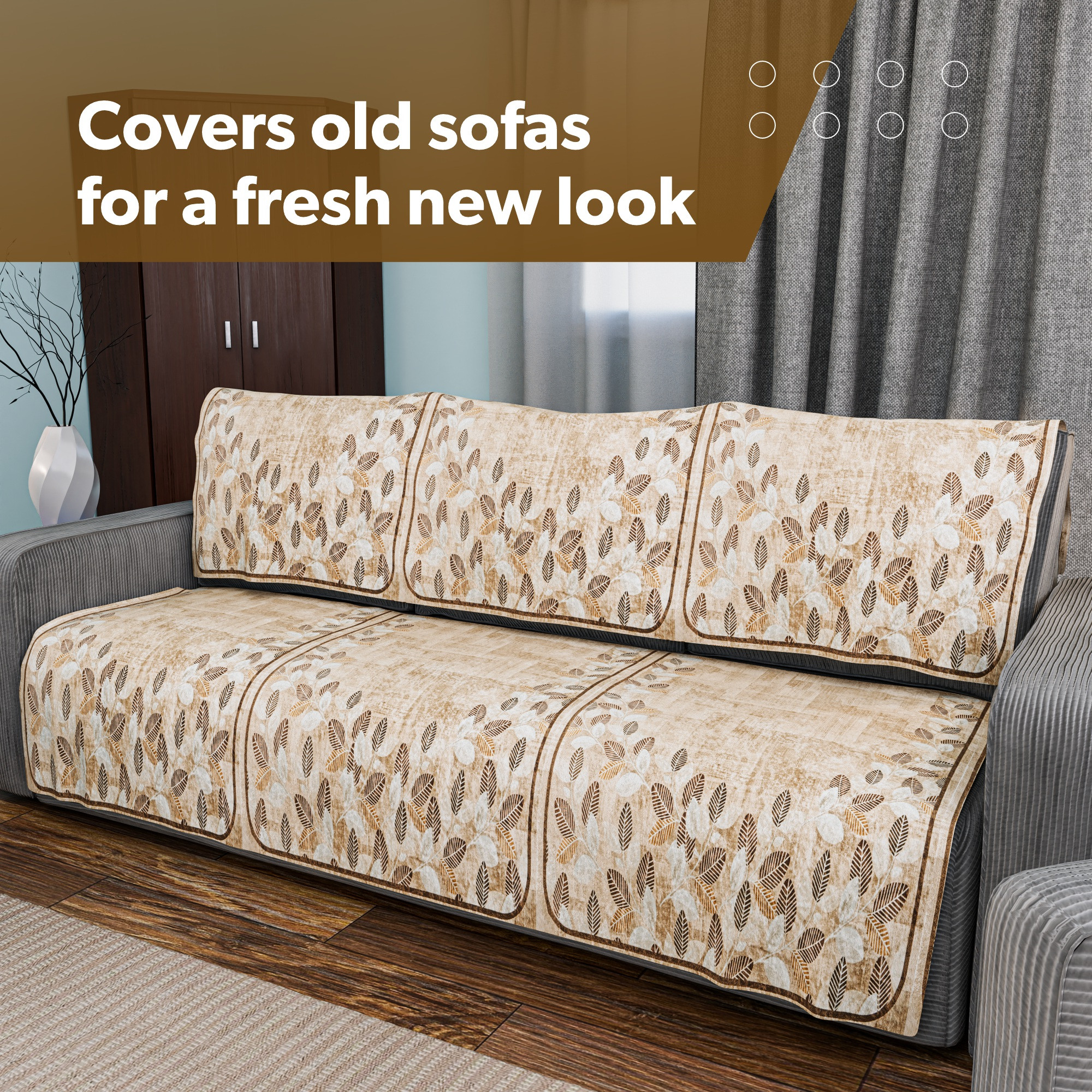 Kuber Industries Combo of Soft Velvet Sofa Center  Dining Table Cover for Living Room and Home Decor  Anti-Slip Teapoy Table Top and Sofa Seat Protector  Leaf Border - Brown  White