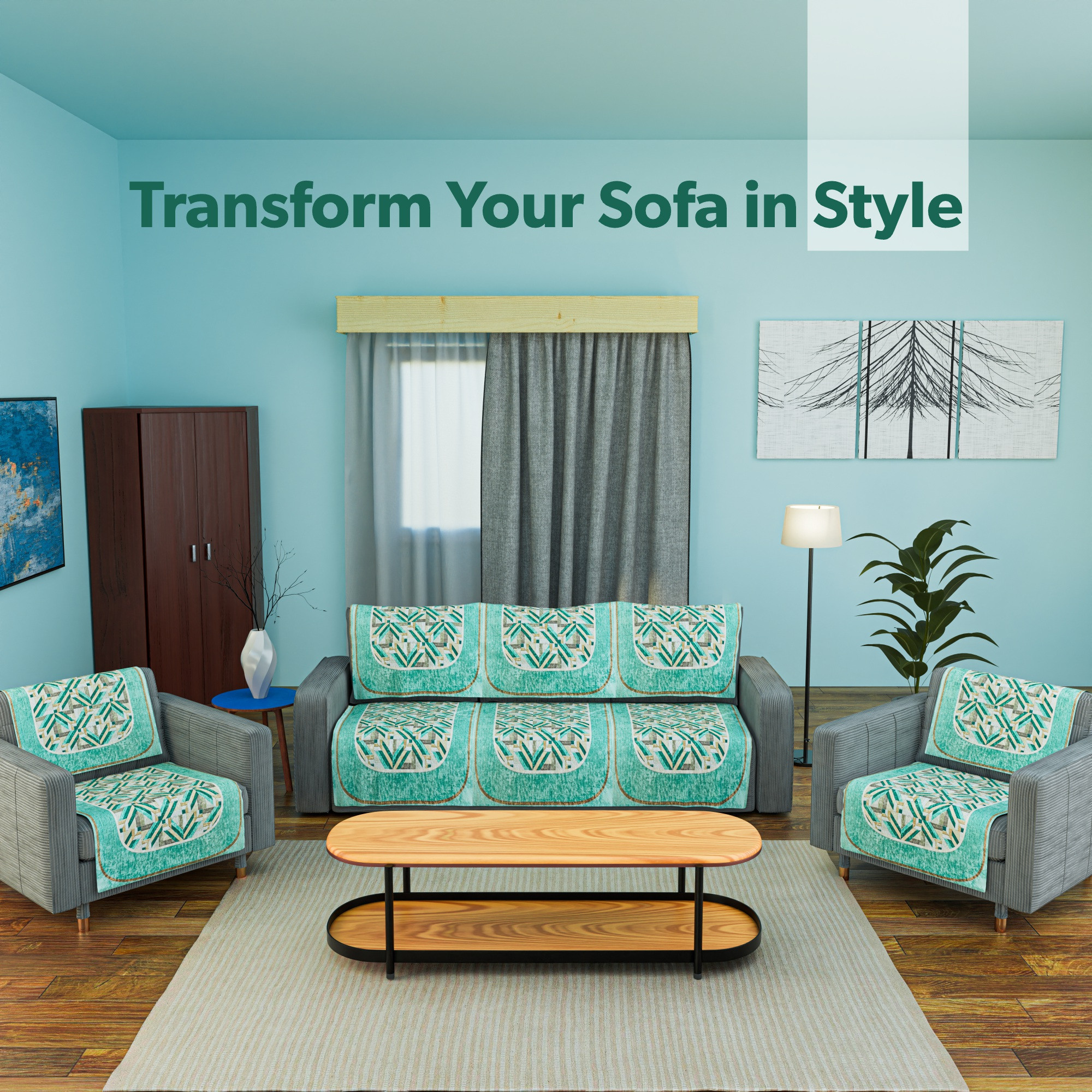 Kuber Industries Combo of Soft Velvet Sofa Center  Dining Table Cover for Living Room and Home Decor  Anti-Slip Teapoy Table Top and Sofa Seat Protector  Lining Check - Green