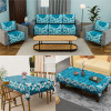 Combo of Soft Velvet Sofa, Center &amp; Dining Table Cover for Living Room and Home Decor | Anti-Slip Teapoy Table Top and Sofa Seat Protector | Leaf Border - Blue &amp; White
