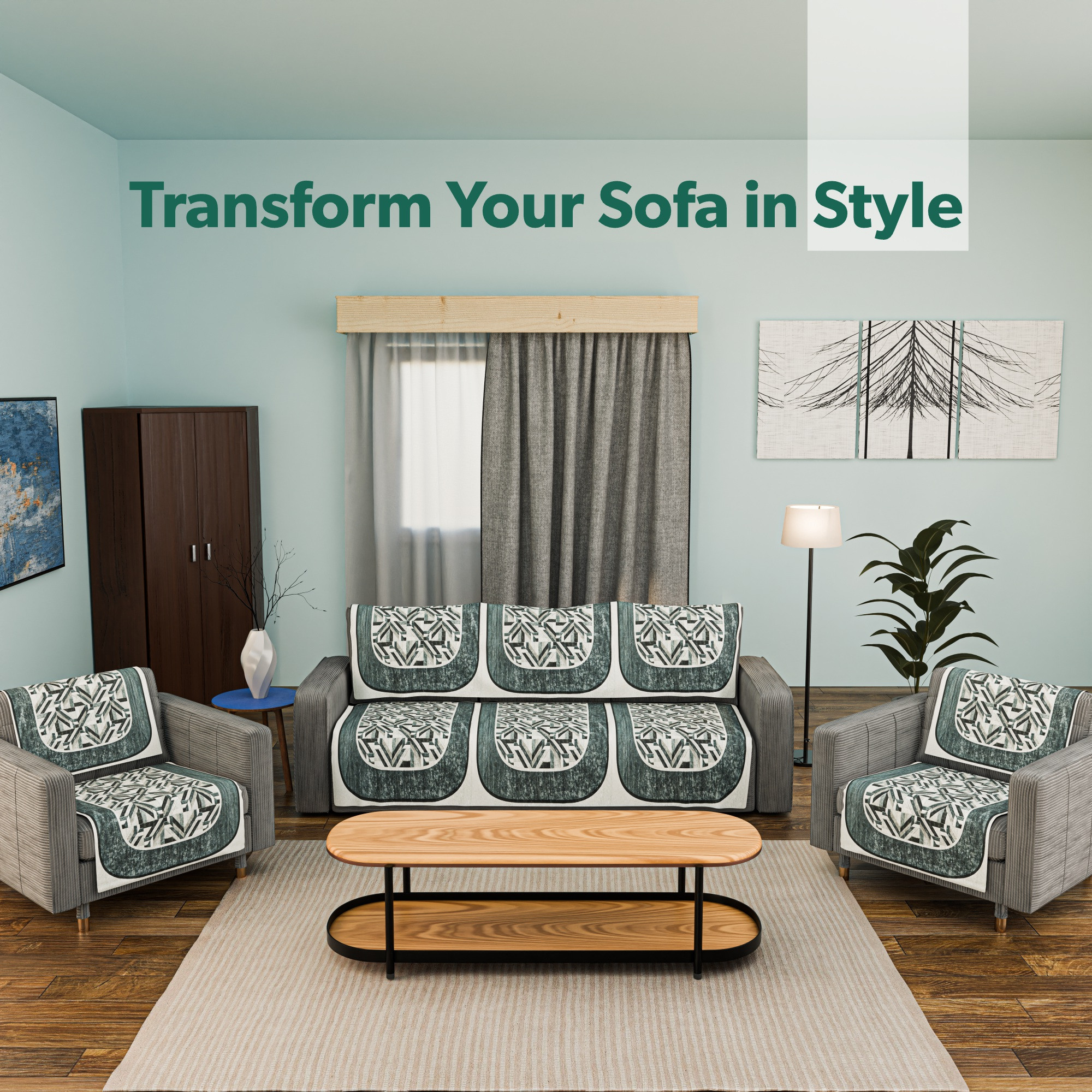 Kuber Industries Combo of Soft Velvet Sofa Cover 5 Seater and Center Table Cover 4 Seater for Living Room and Home Decor  Anti-Slip Teapoy Table Top and Sofa Seat Protector  Lining Check - Grey