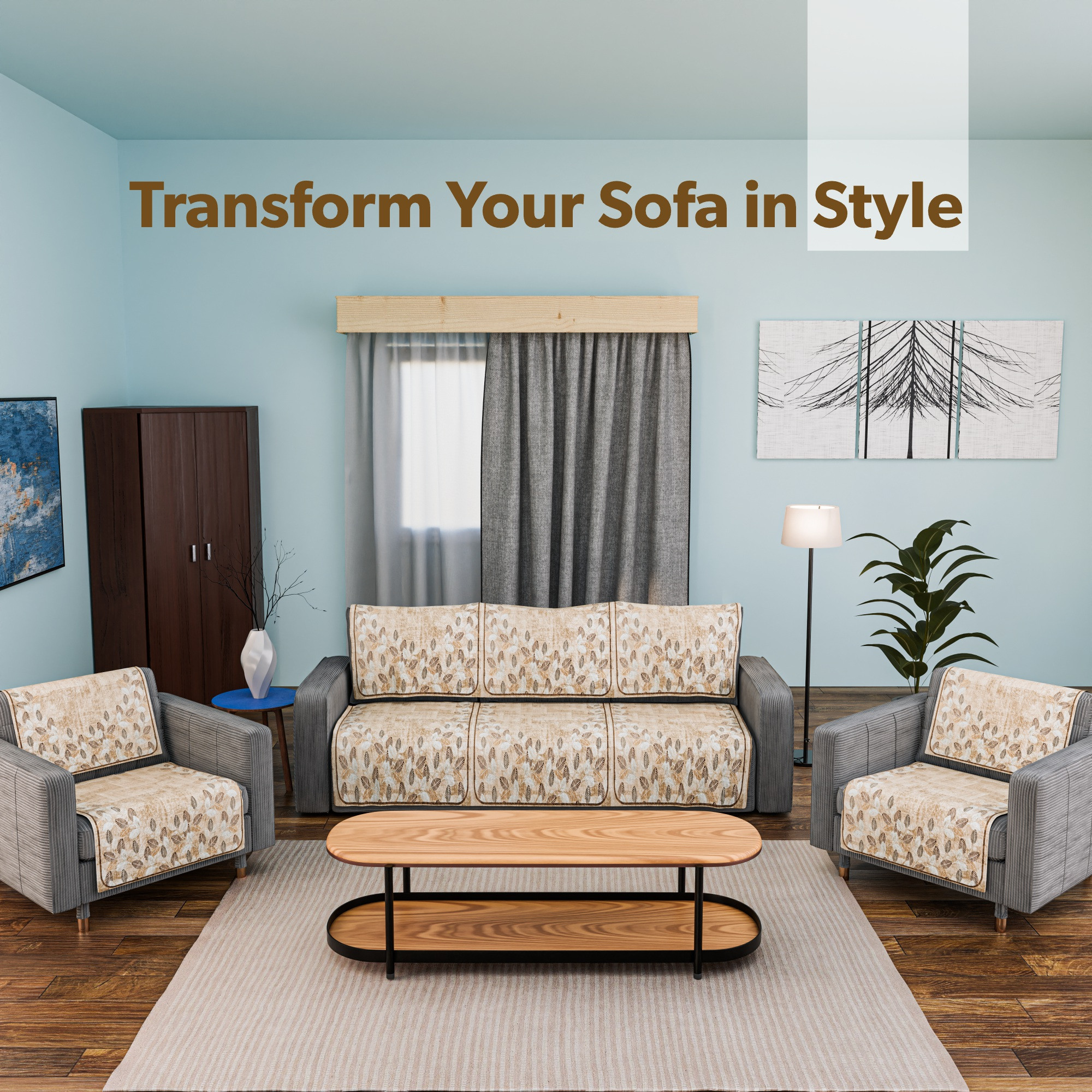 Kuber Industries Combo of Soft Velvet Sofa Cover 5 Seater and Dining Table Cover 6 Seater  Anti-Slip Sofa Seat Protector  Rectangular Table Cloth for Dining Area  Leaf Border - Brown  White