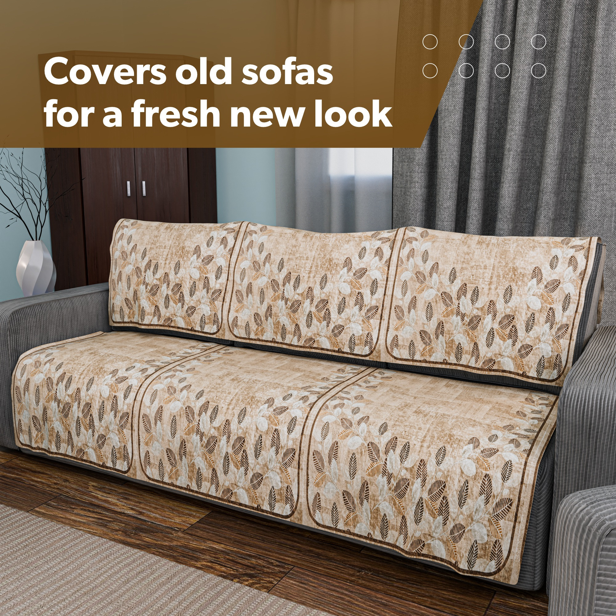 Kuber Industries Combo of Soft Velvet Sofa Cover 5 Seater and Dining Table Cover 6 Seater  Anti-Slip Sofa Seat Protector  Rectangular Table Cloth for Dining Area  Leaf Border - Brown  White