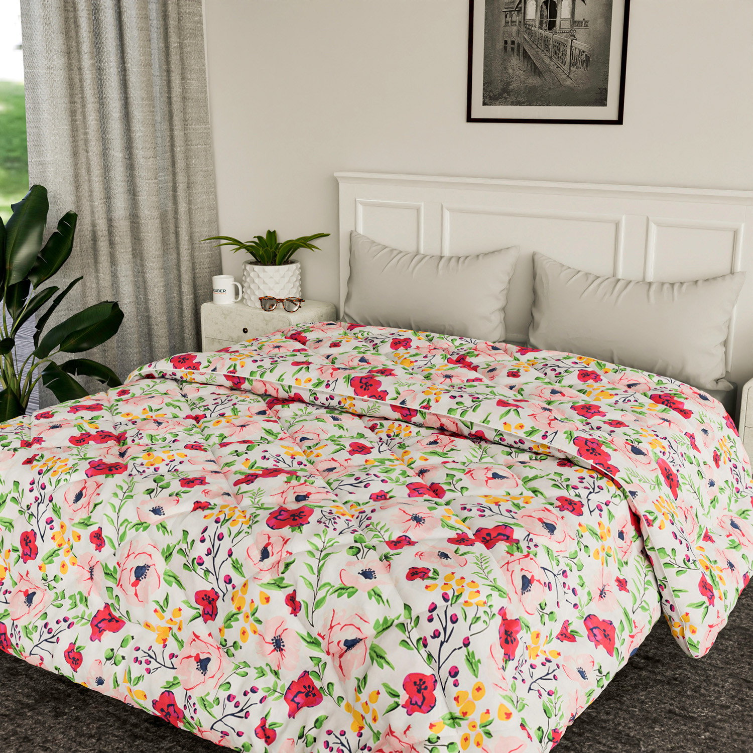 Kuber Industries Comforter for Double Bed|Microfiber Winter Comforter for Double Bed|220 GSM Reversible Flower Design Comforter|AC Quilt|Dohar (White)