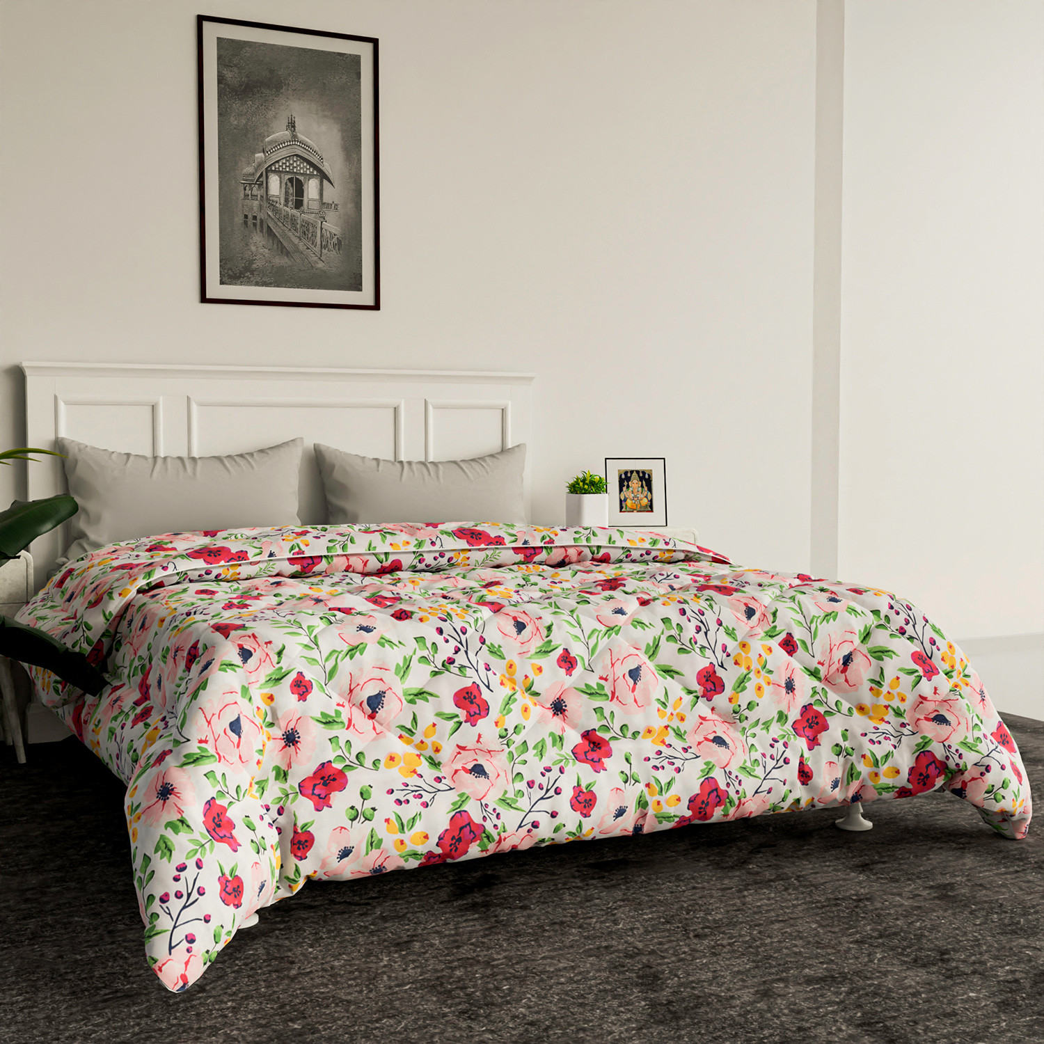 Kuber Industries Comforter for Double Bed|Microfiber Winter Comforter for Double Bed|220 GSM Reversible Flower Design Comforter|AC Quilt|Dohar (White)
