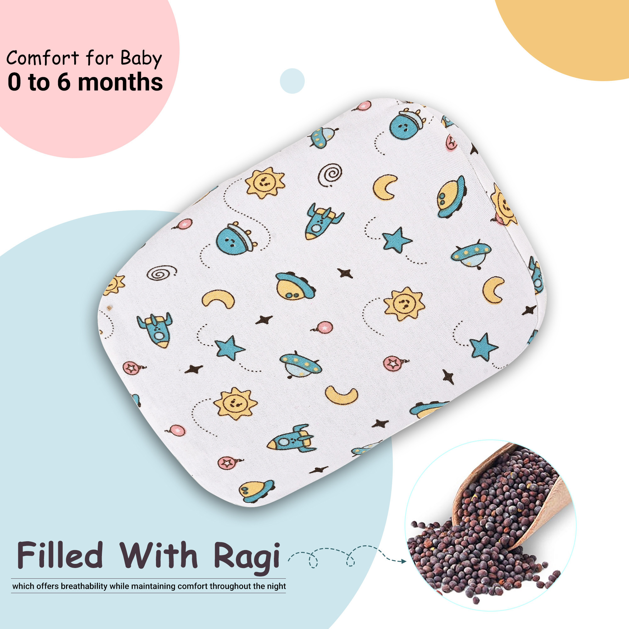 Kuber Industries Comfy Cotton Hosiery Space Star Print Ragi Pillow for Baby Head Shaper  Toddler Rai Ka Pillow for New Born  White