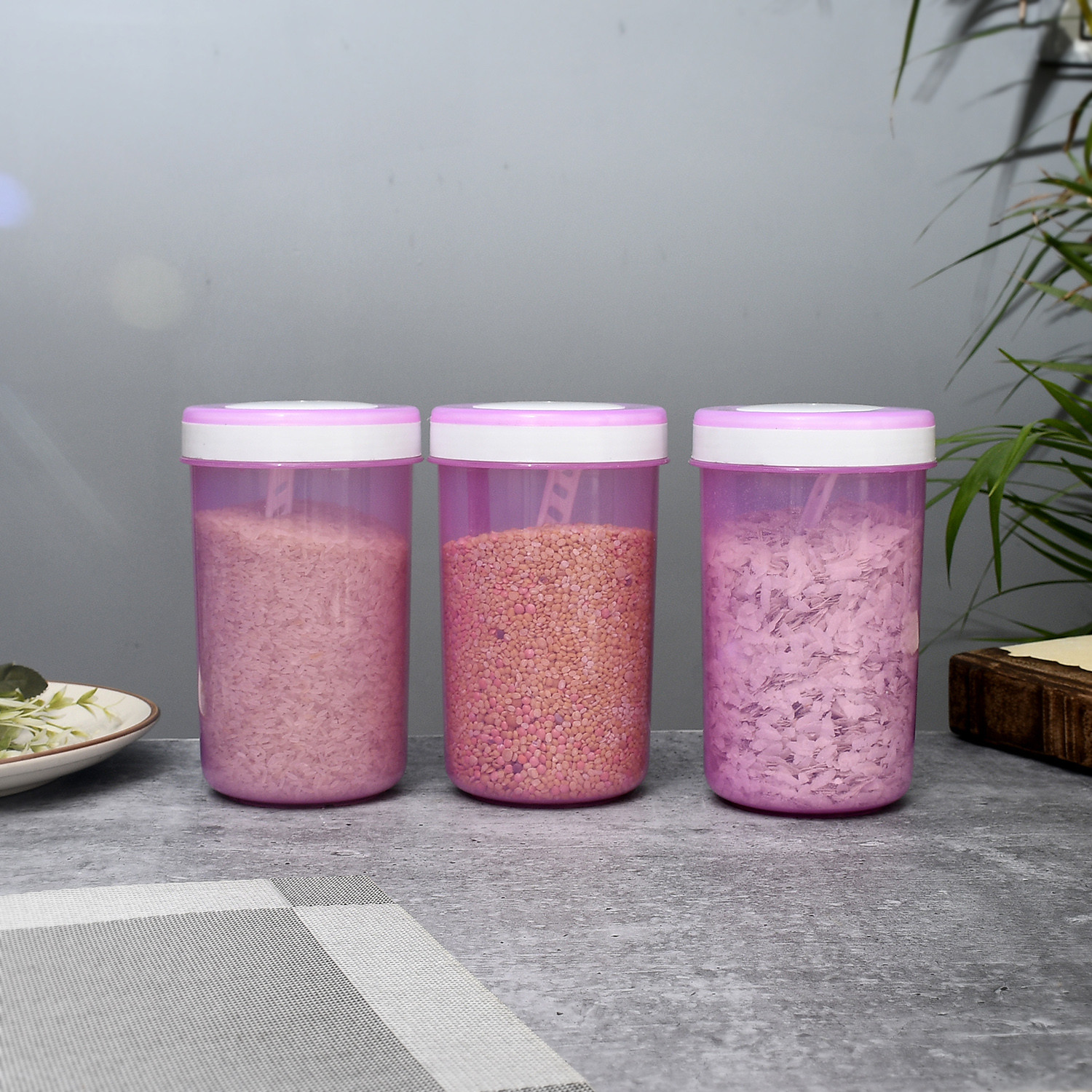 Kuber Industries Containers Set for Kitchen|BPA-Free Plastic 1500 ML Storage Containers Set With Spoon for Kitchen (Pink)