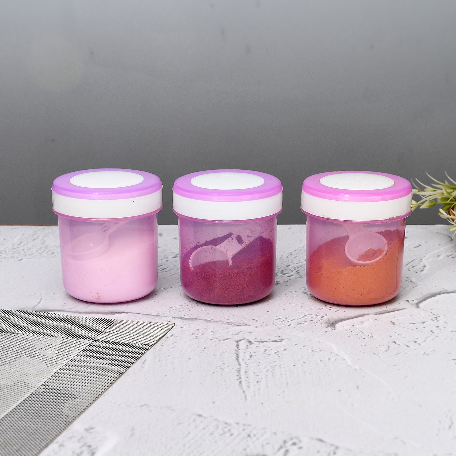 Kuber Industries Containers Set for Kitchen|BPA-Free Plastic 350 ML Storage Containers Set With Spoon for Kitchen(Pink)