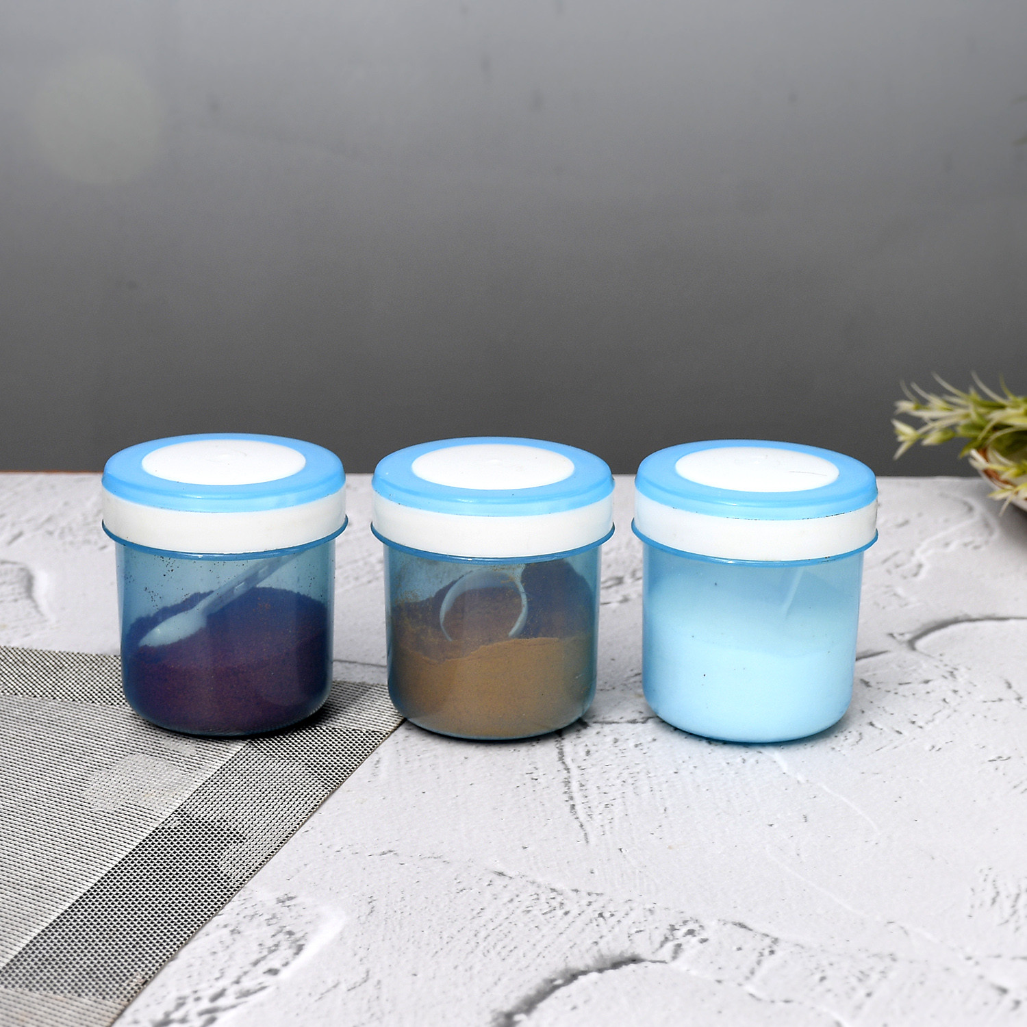 Kuber Industries Containers Set for Kitchen|BPA-Free Plastic 350 ML Storage Containers Set With Spoon for Kitchen(Sky Blue)