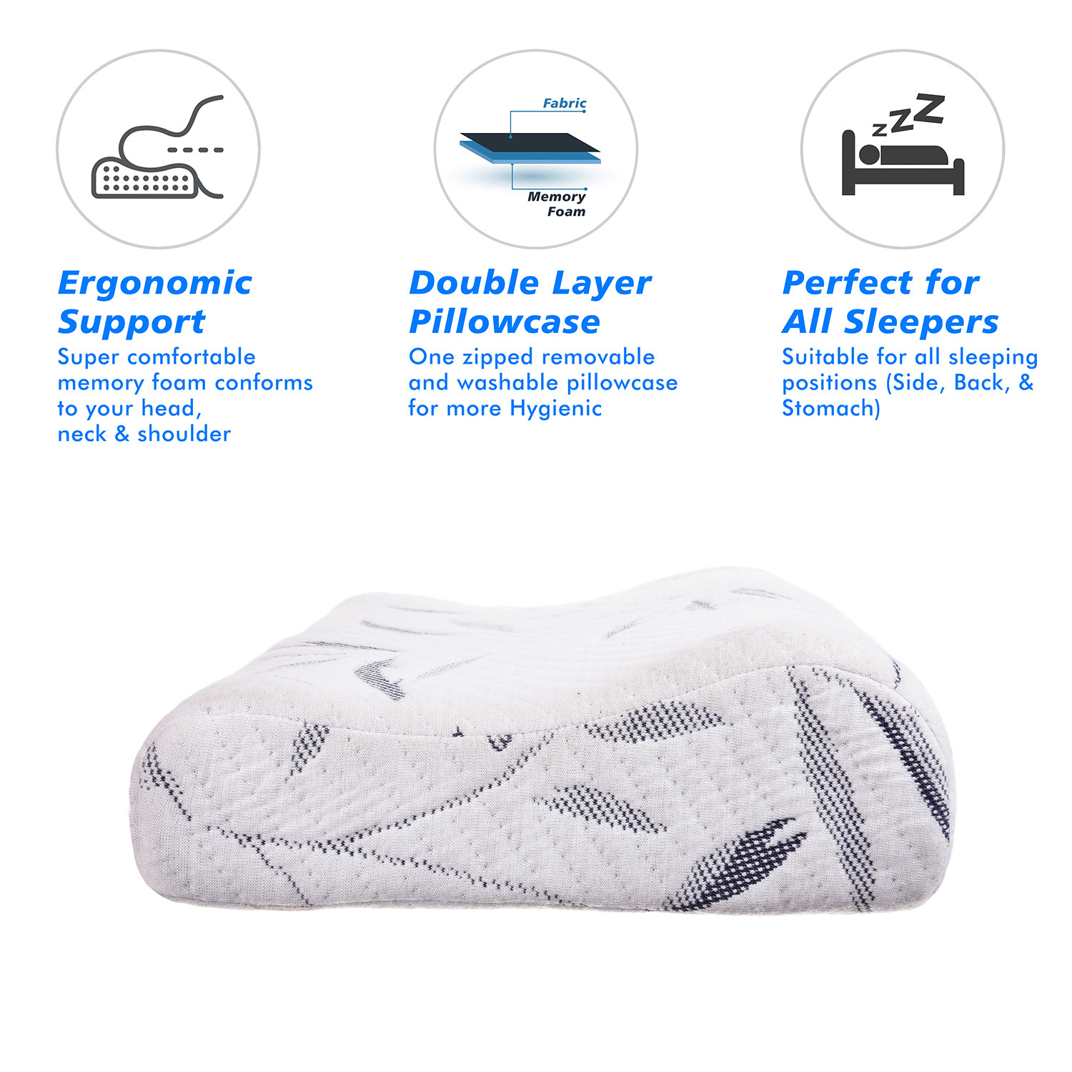 Kuber Industries Contoured Pillow| Memory Foam Support Pillow | Contour Cervical Pillow for Neck and Shoulder Pain| Bed Pillows for Sleeping with Washable Cover | White