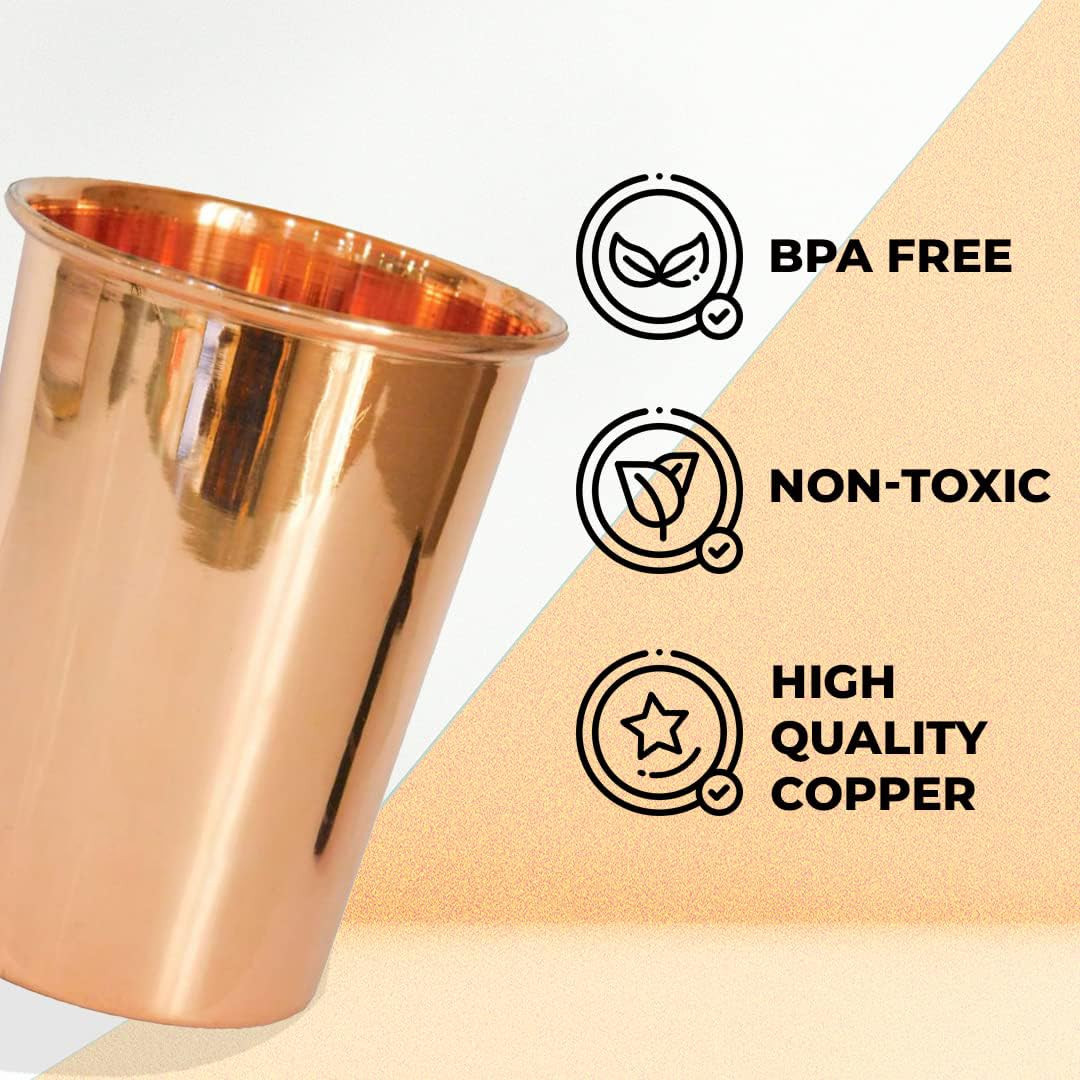 Kuber Industries Copper Drinking Serving Water Glasses Serveware Glass Tumbler (2 Pcs,Height-9 cm, Dia- 6 cm, 300 ml Each)