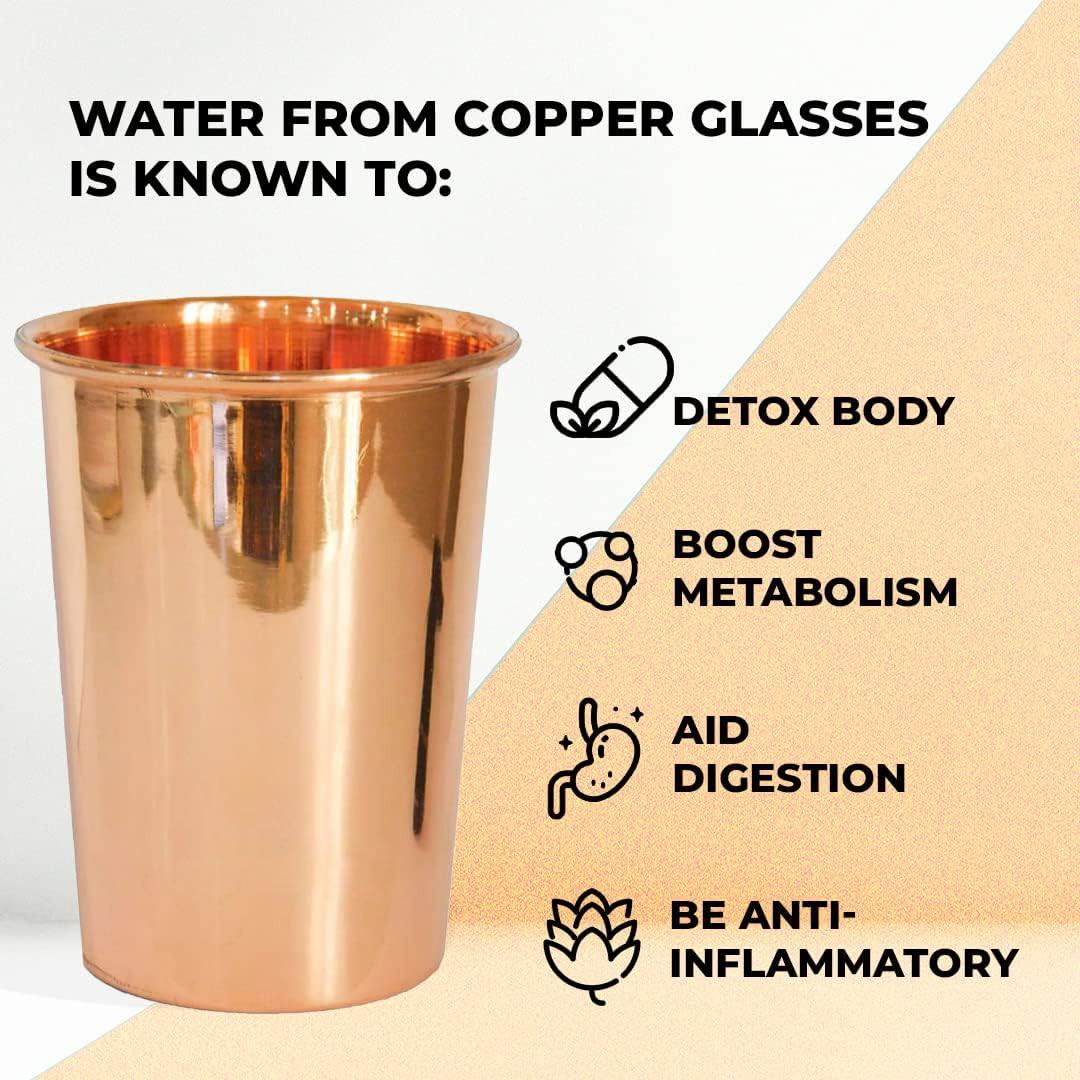 Kuber Industries Copper Drinking Serving Water Glasses Serveware Glass Tumbler (2 Pcs,Height-9 cm, Dia- 6 cm, 300 ml Each)