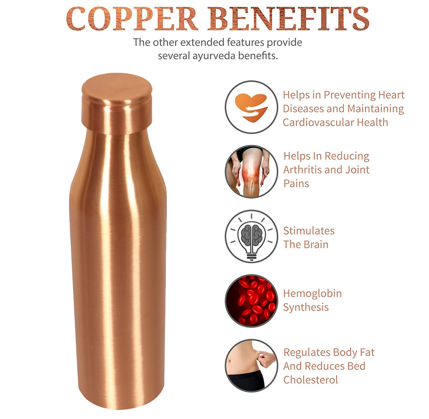 Kuber Industries Copper Plain & Leak Proof Water Bottle For Home, office, Traveling. 1 Ltr (Brown)