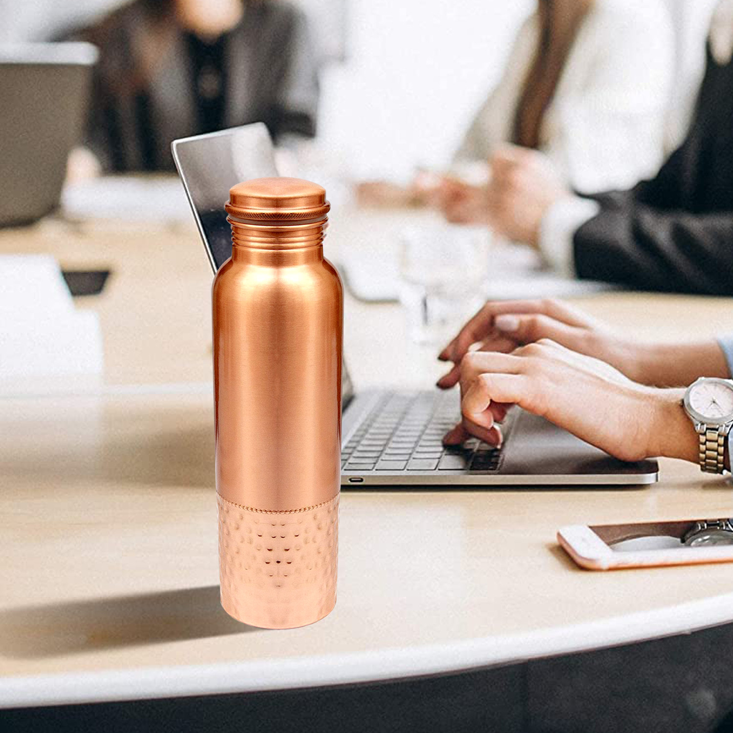 Kuber Industries Copper Round Hammered Design Water Bottle For Home & Traveling 1 Ltr. (Copper) 54KM4307