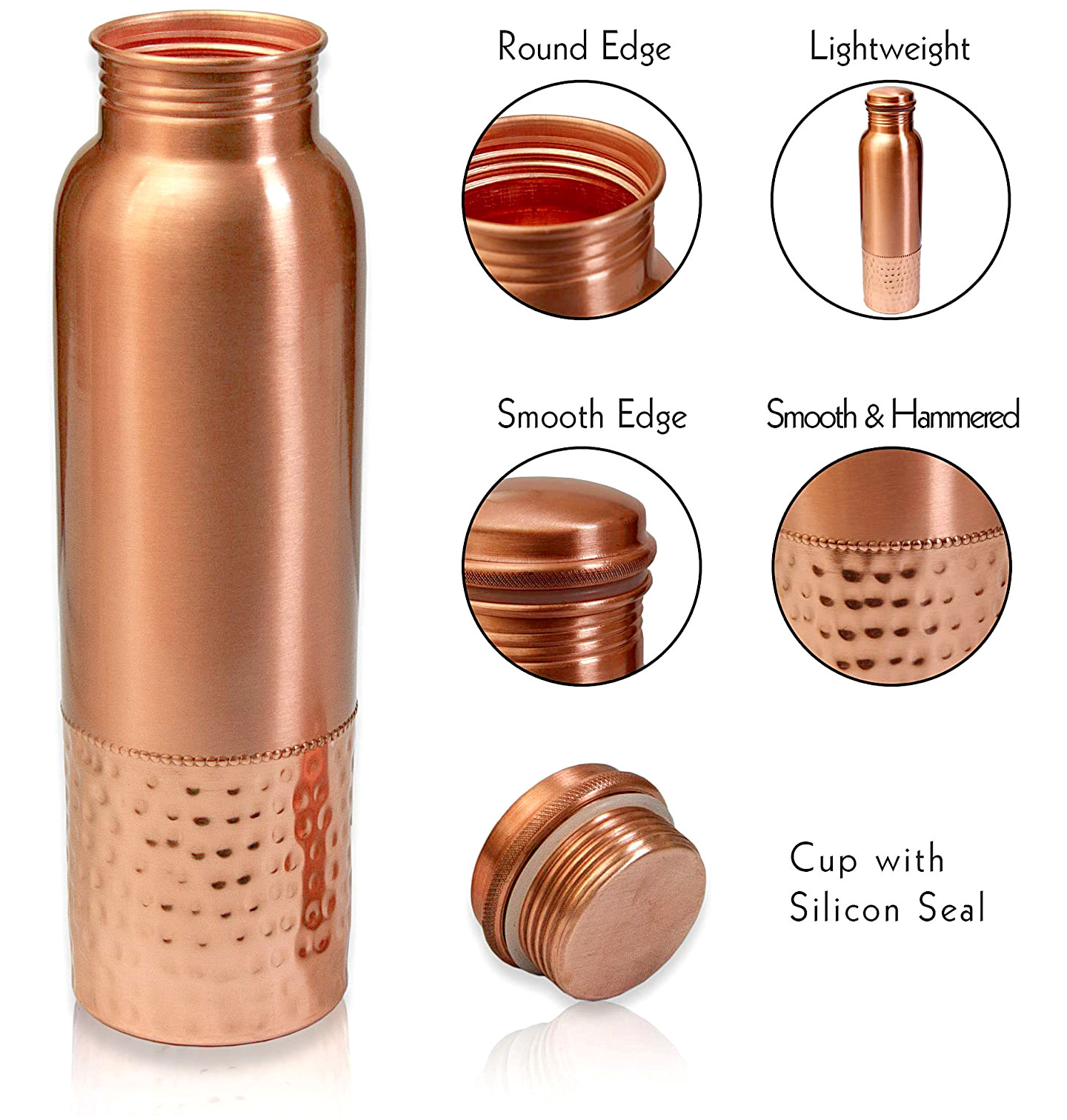 Kuber Industries Copper Round Hammered Design Water Bottle For Home & Traveling 1 Ltr. (Copper) 54KM4307